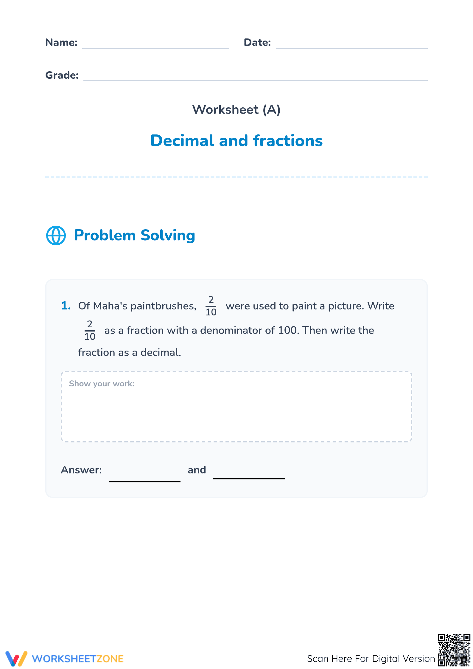 Essential Grade 4 Decimals and Fractions Worksheet - Page 1