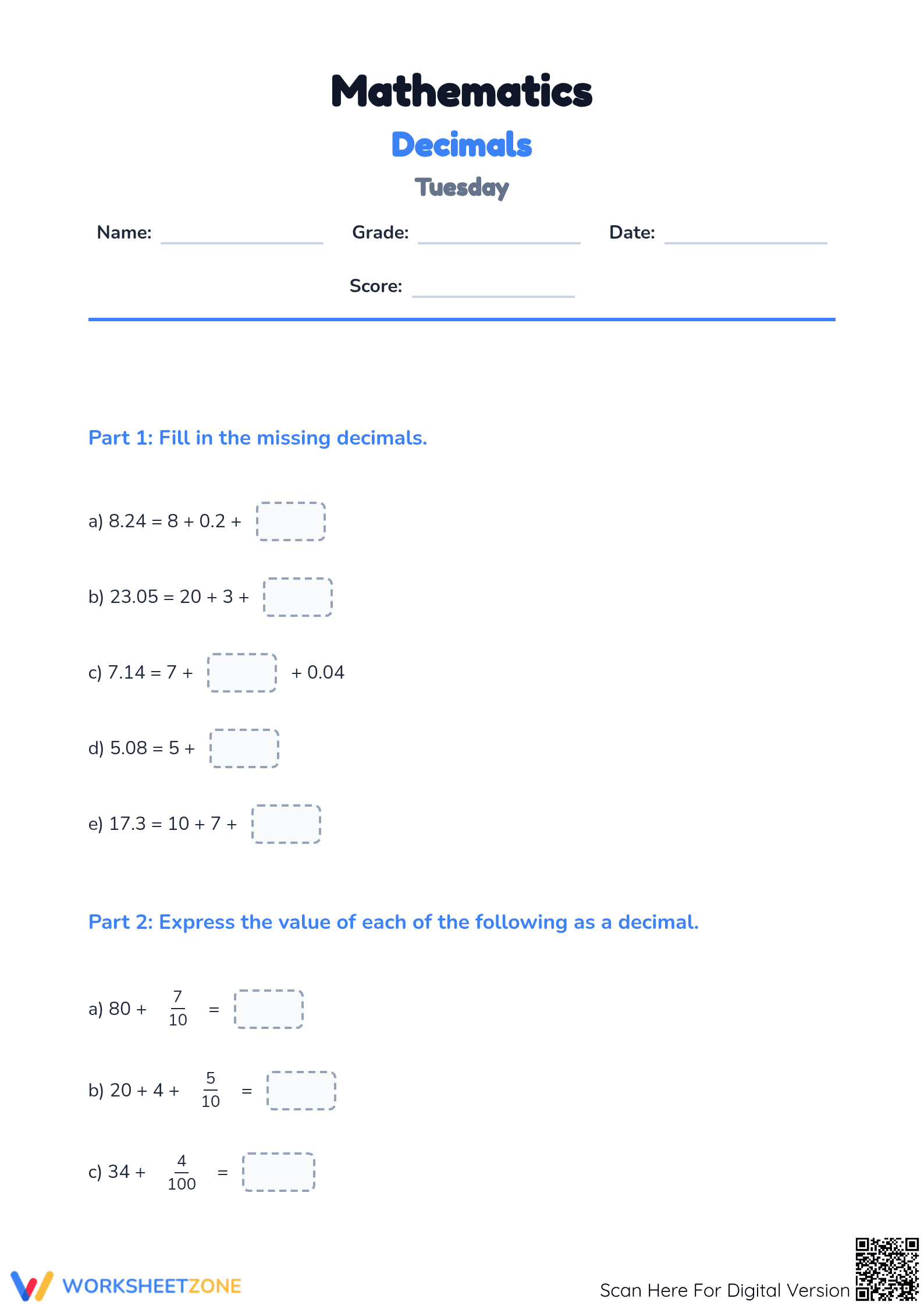 Essential Decimals Practice Worksheet | Grade 4 Aligned - Page 1