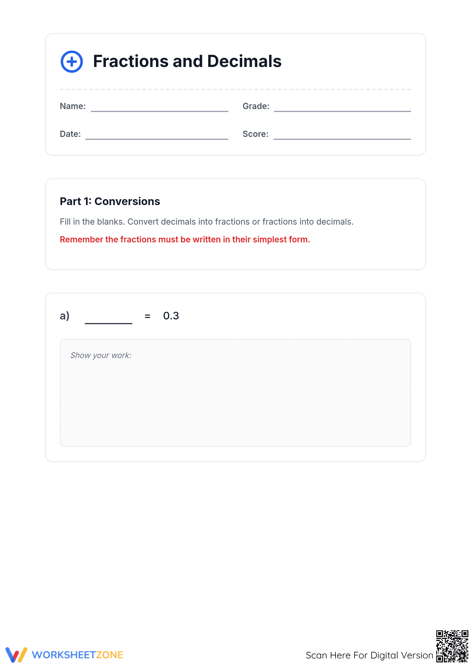 Printable Fraction and Decimal Conversions | Grade 7-9 Math - Page 1