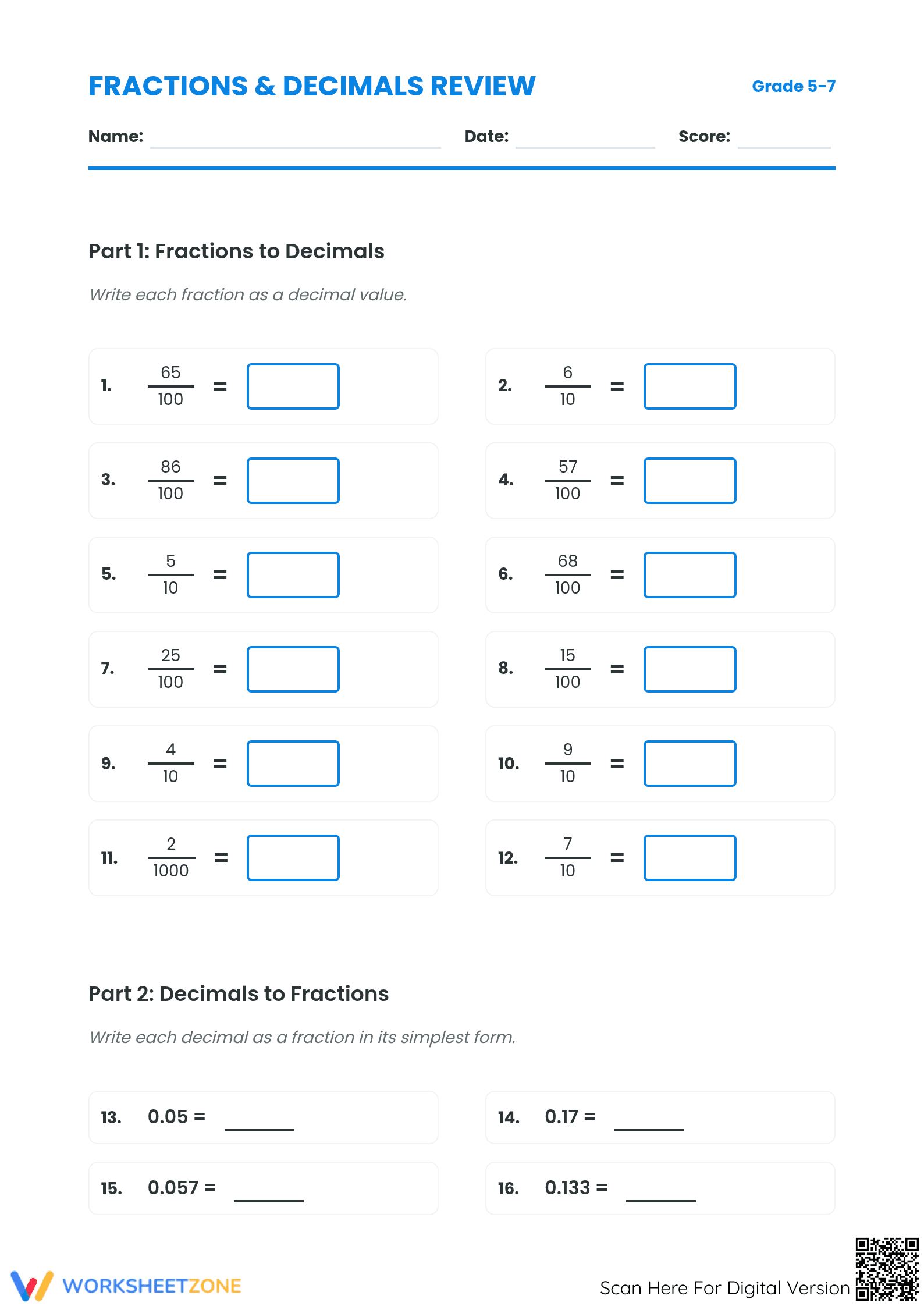 Printable Fractions and Decimals Review | Grades 5-7 - Page 1