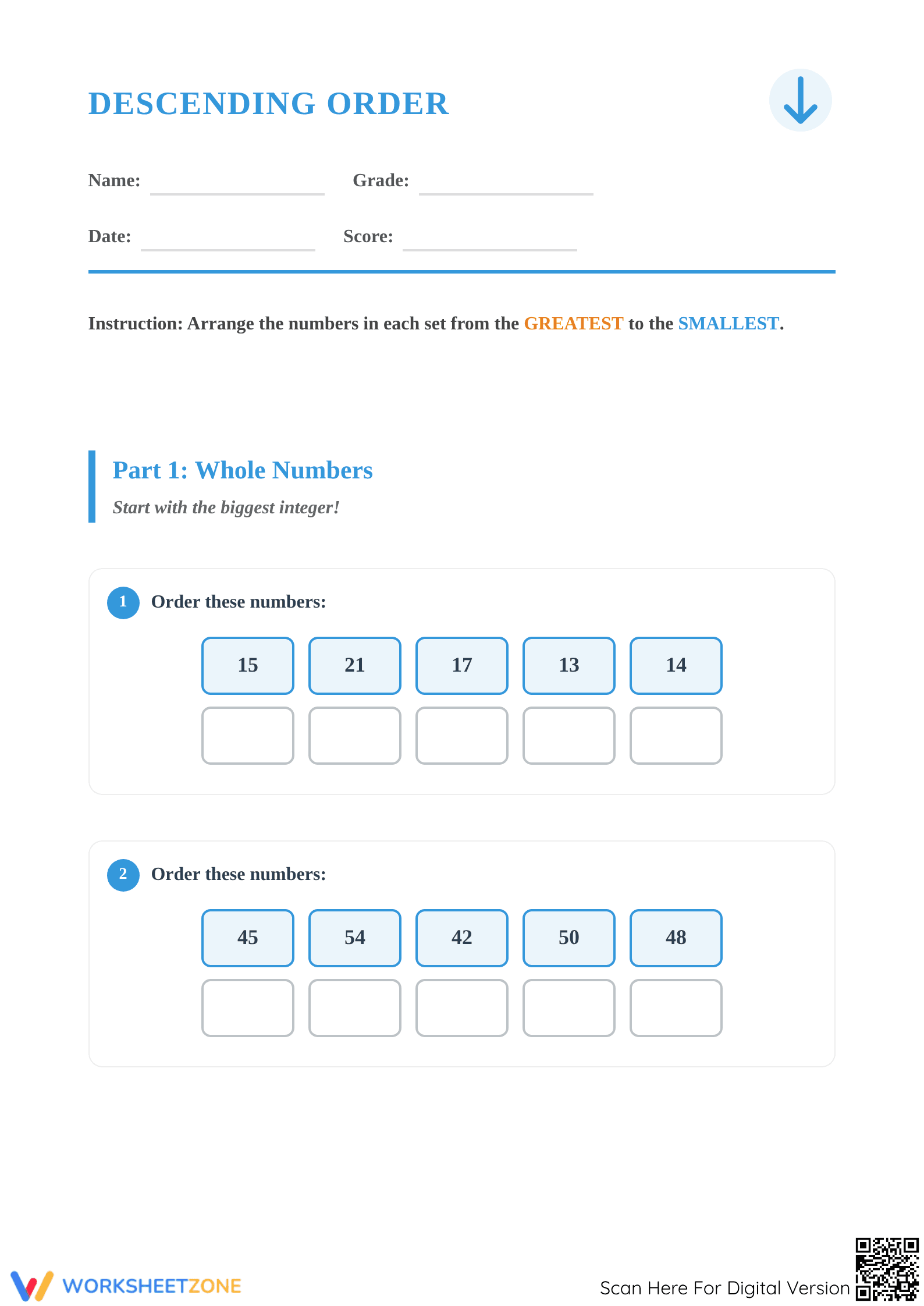 Grade 1 Descending Order — Printable No-Prep Worksheet - Page 1