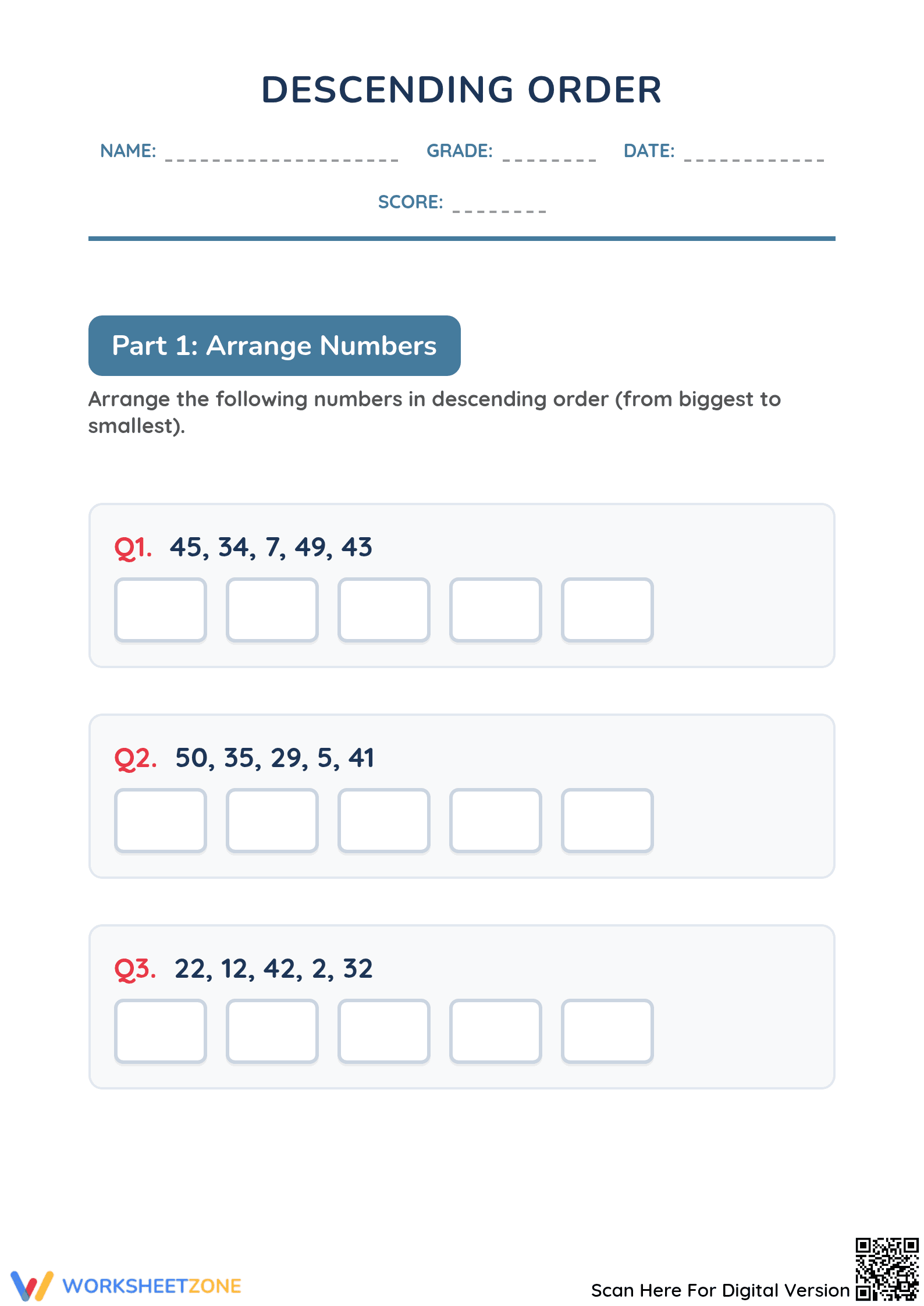 Printable Descending Order 1-50 Worksheet | Grade 1 Math - Page 1
