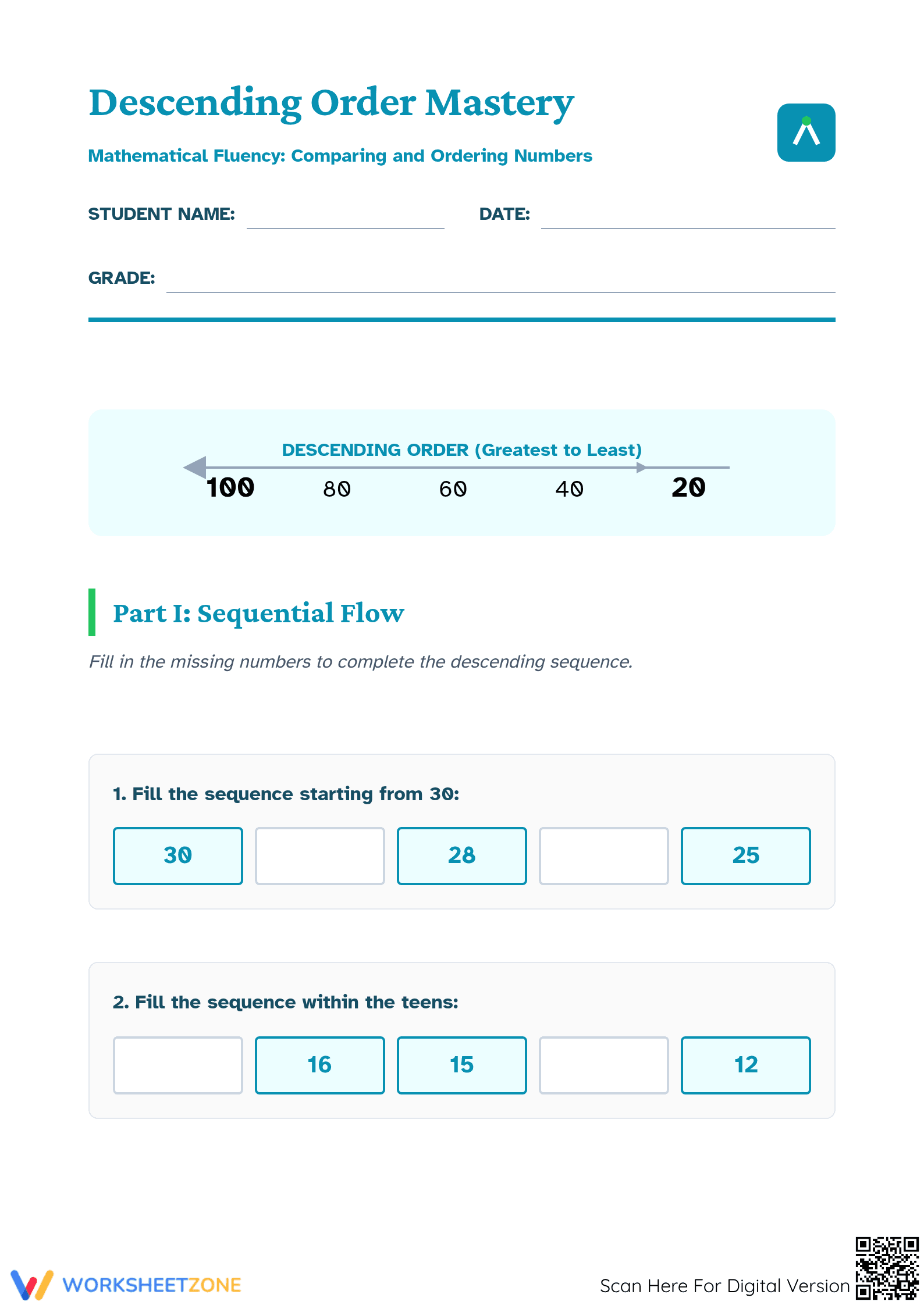 Descending Order within 30 Worksheet | Printable Math - Page 1