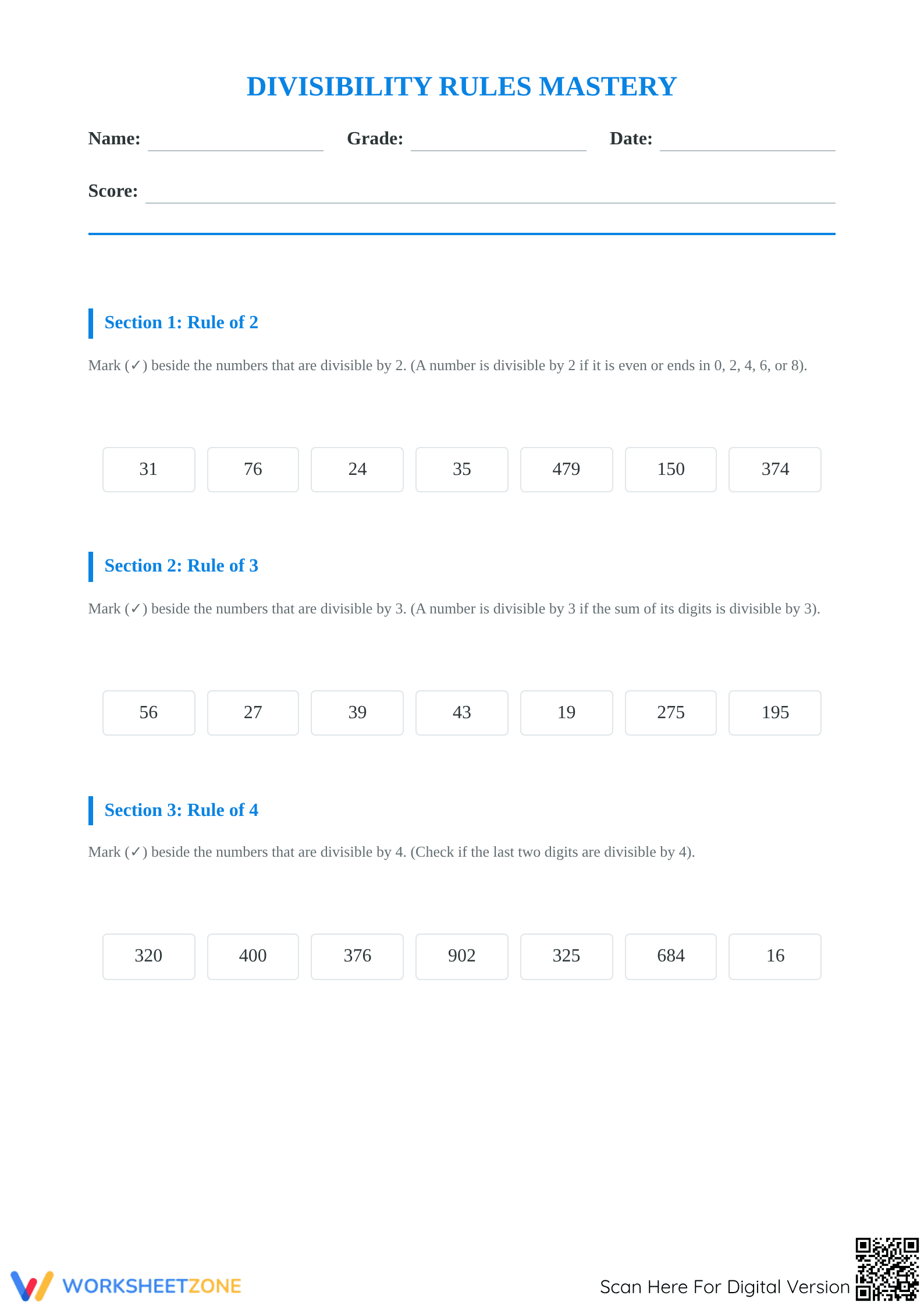Printable Divisibility Rules Worksheet | Grade 6 Math - Page 1