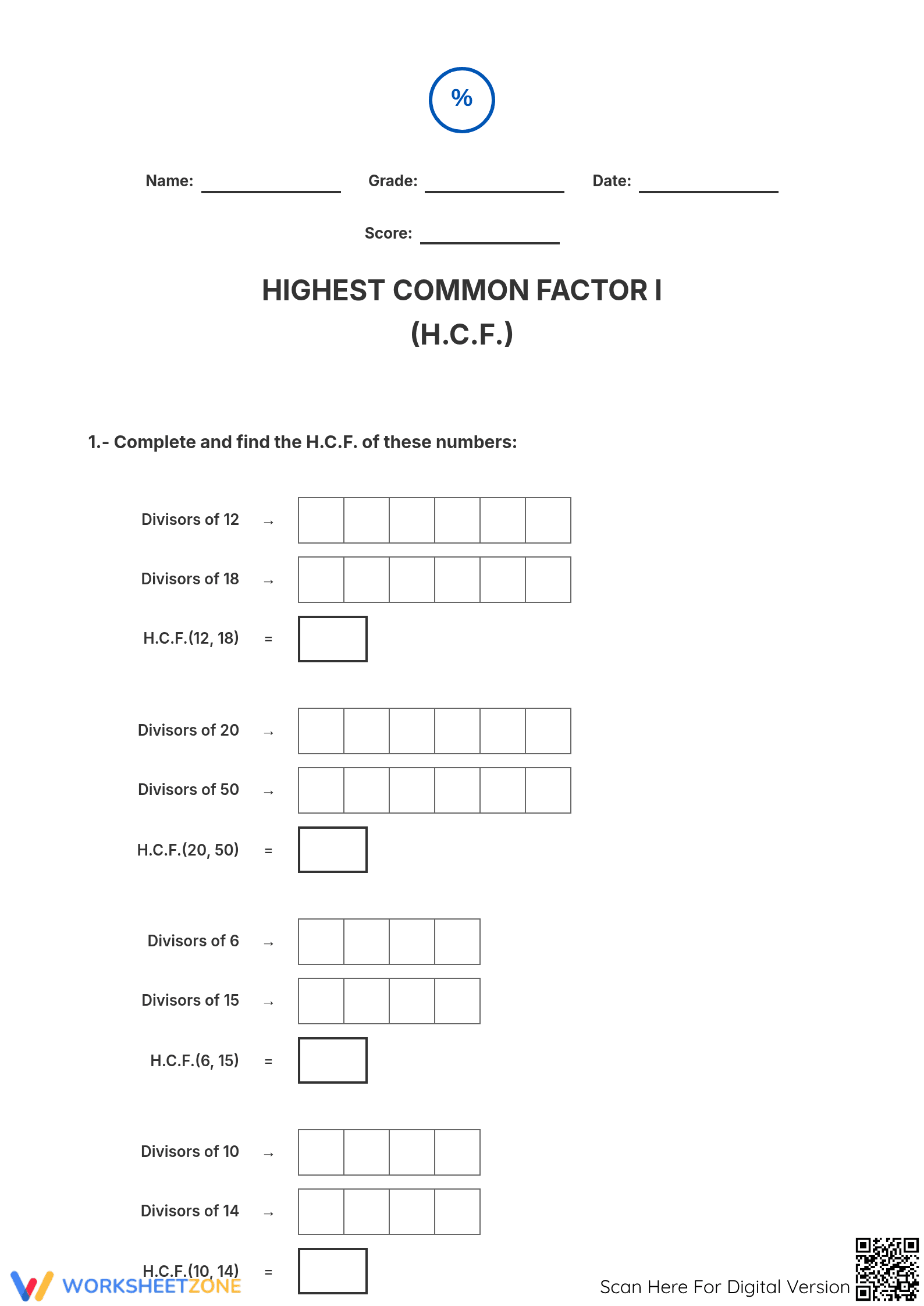 Essential Highest Common Factor Worksheet | Grade 7 Math - Page 1