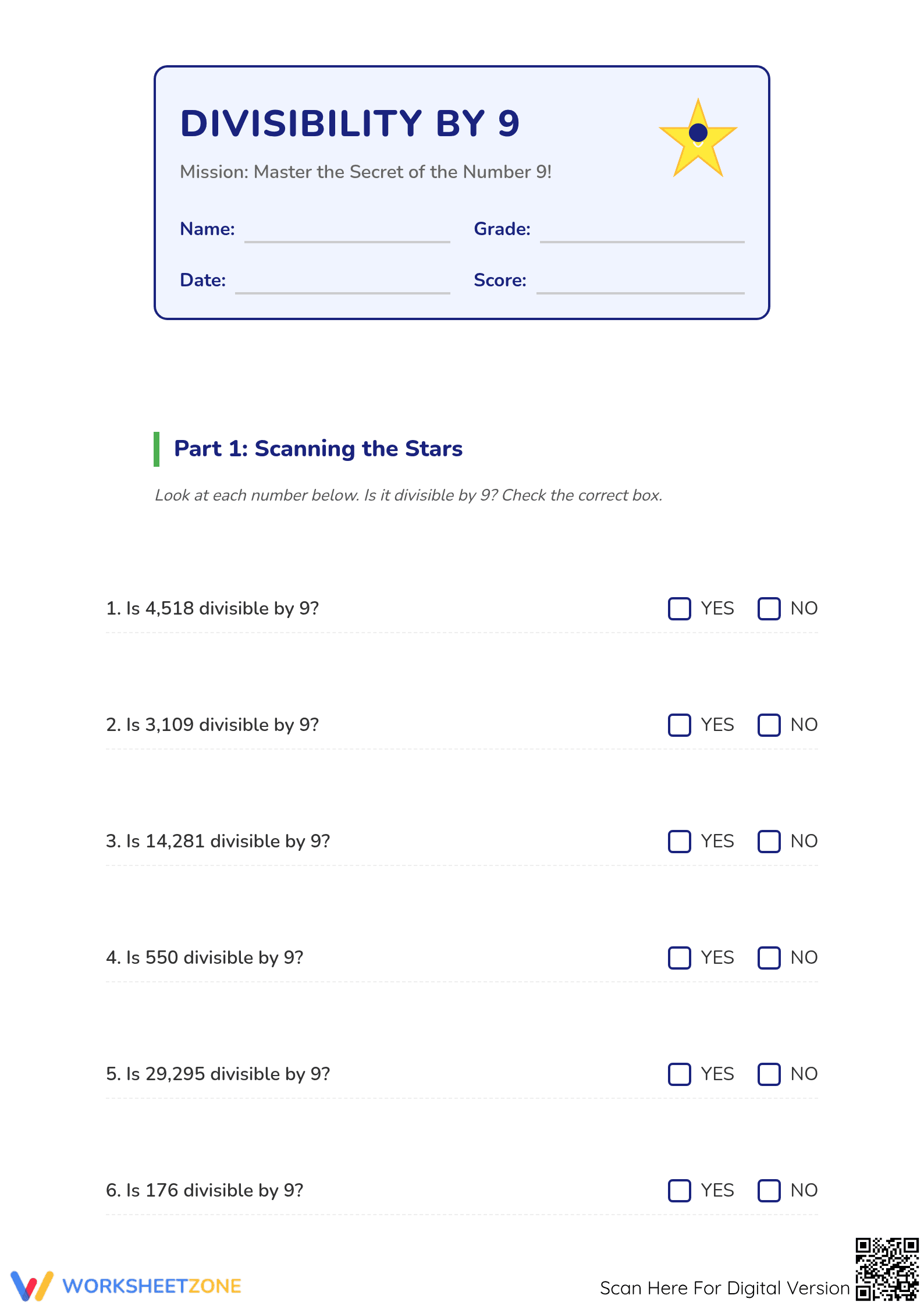 Essential Divisibility by 9 Worksheet | Grade 4 Printable - Page 1