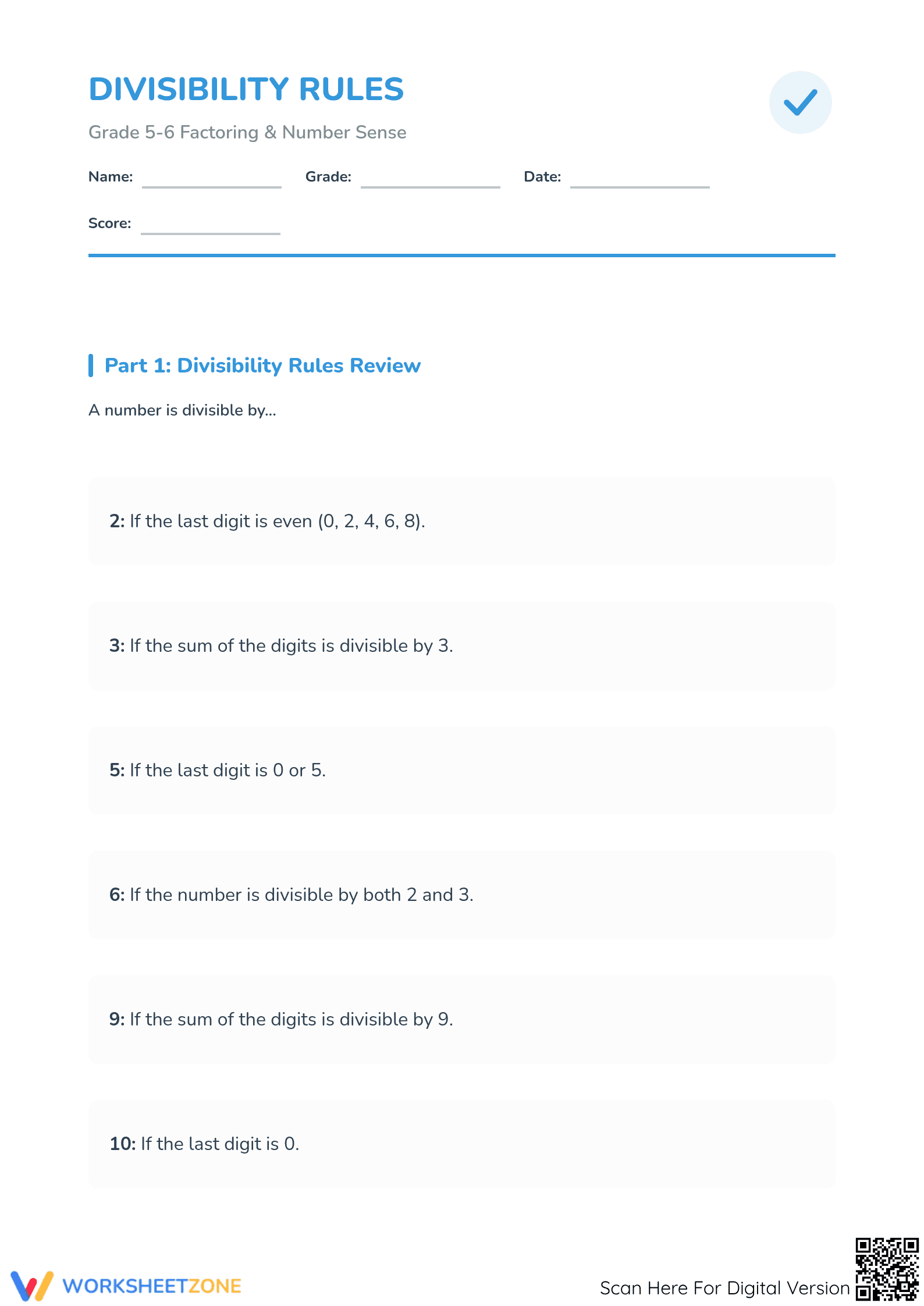 Essential Divisibility Rules Worksheet | Grade 5-6 Math - Page 1