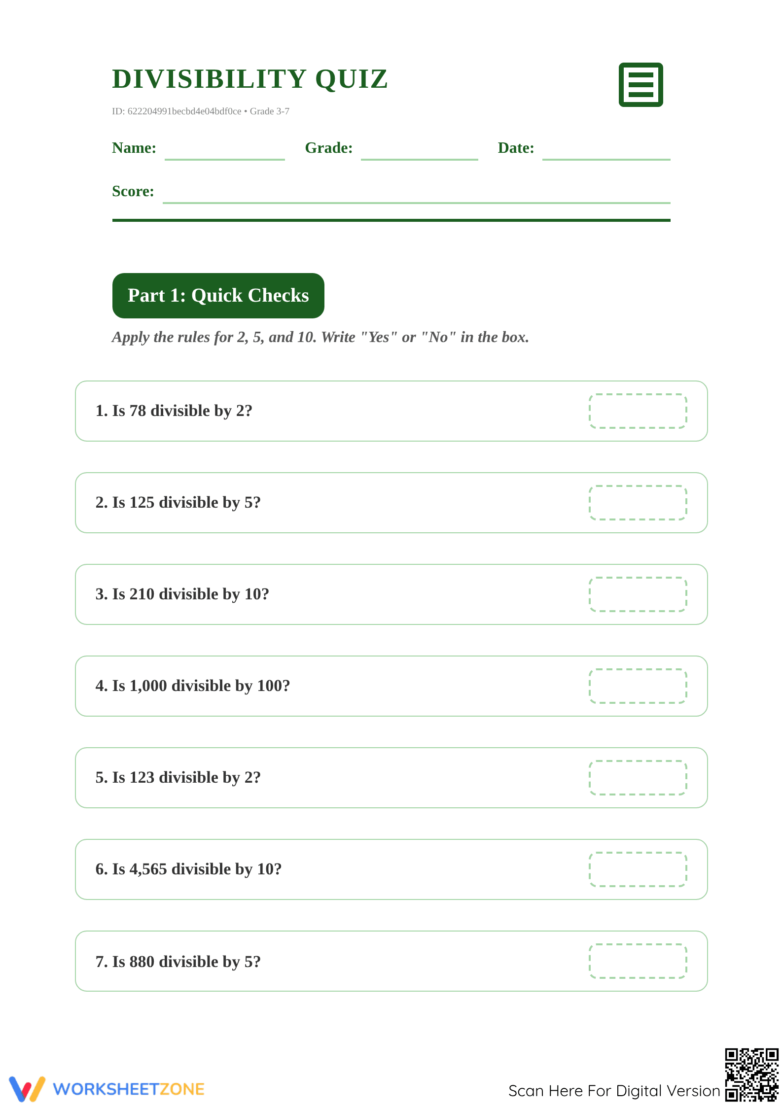 4.OA.B.4 Worksheet: Divisibility Rules — Essential Grade 5 - Page 1
