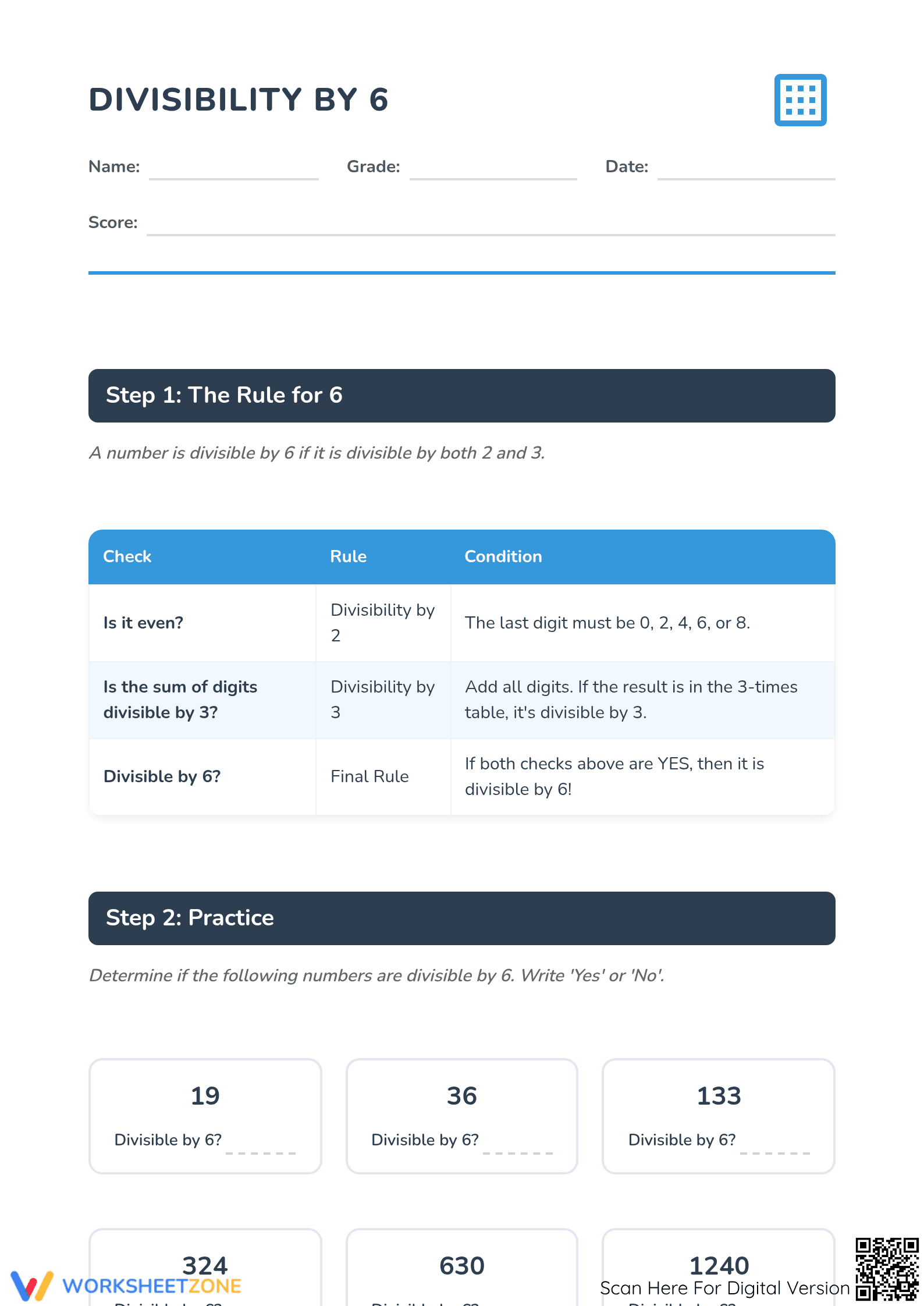 Essential Divisibility by 6 Practice Worksheet | Grade 4-6 - Page 1