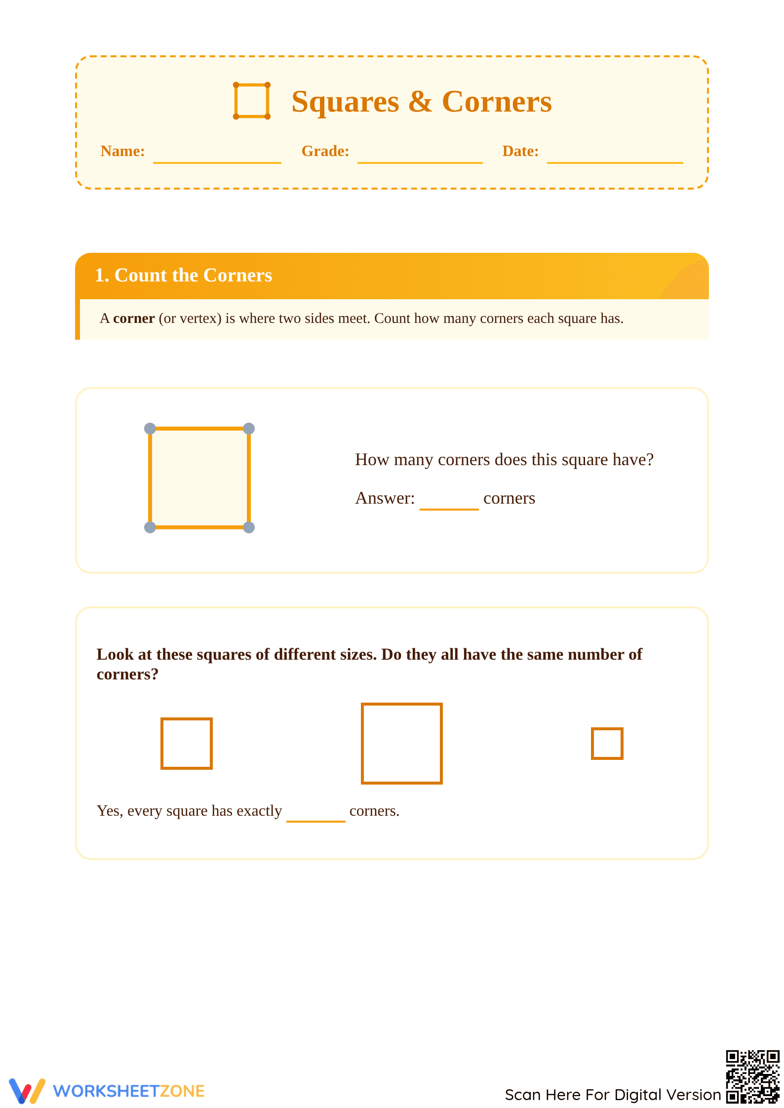 Printable Squares and Corners Worksheet | Grade 1 Math - Page 1