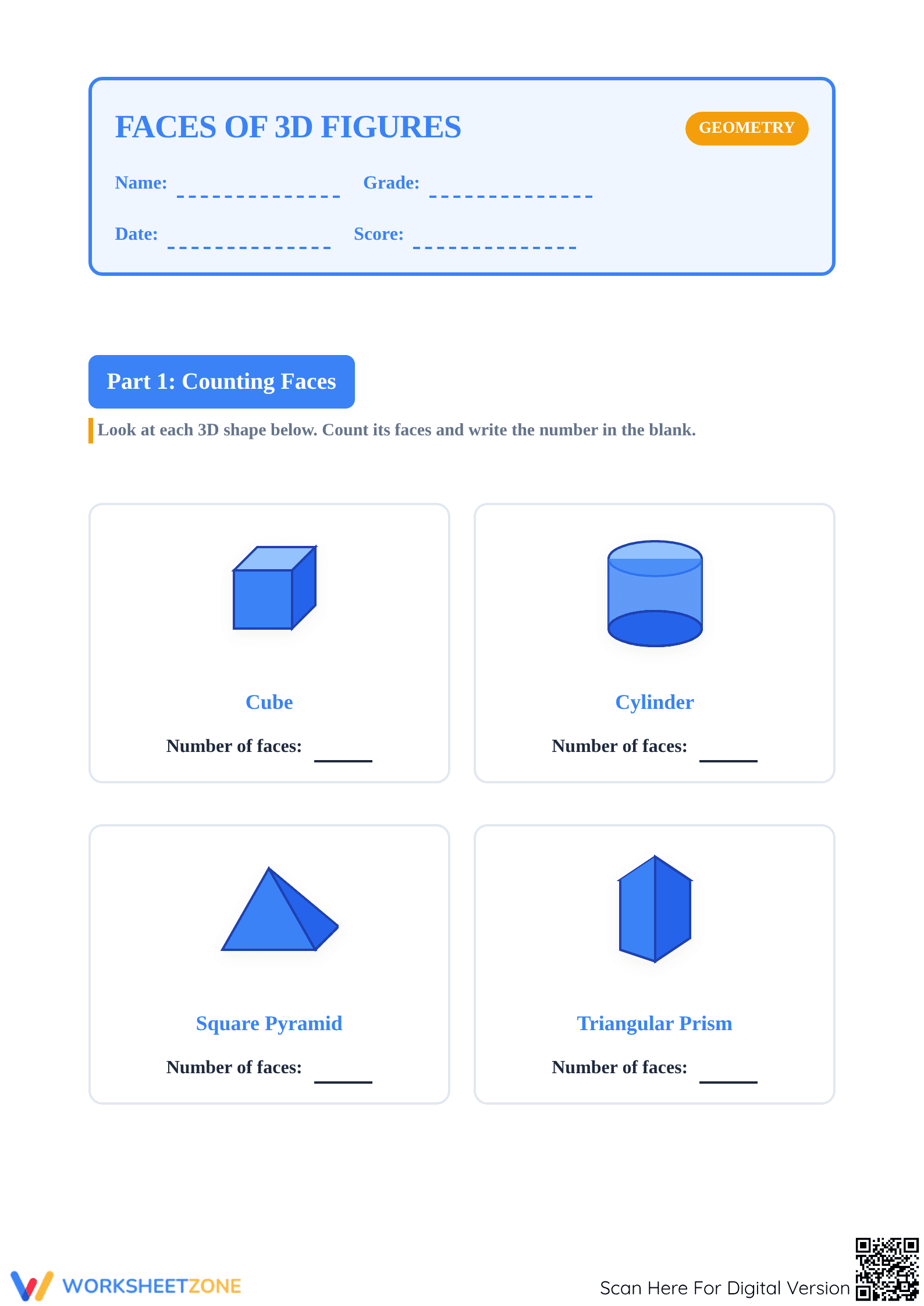 Printable Faces of 3D Figures Worksheet | Grade 2 Math - Page 1