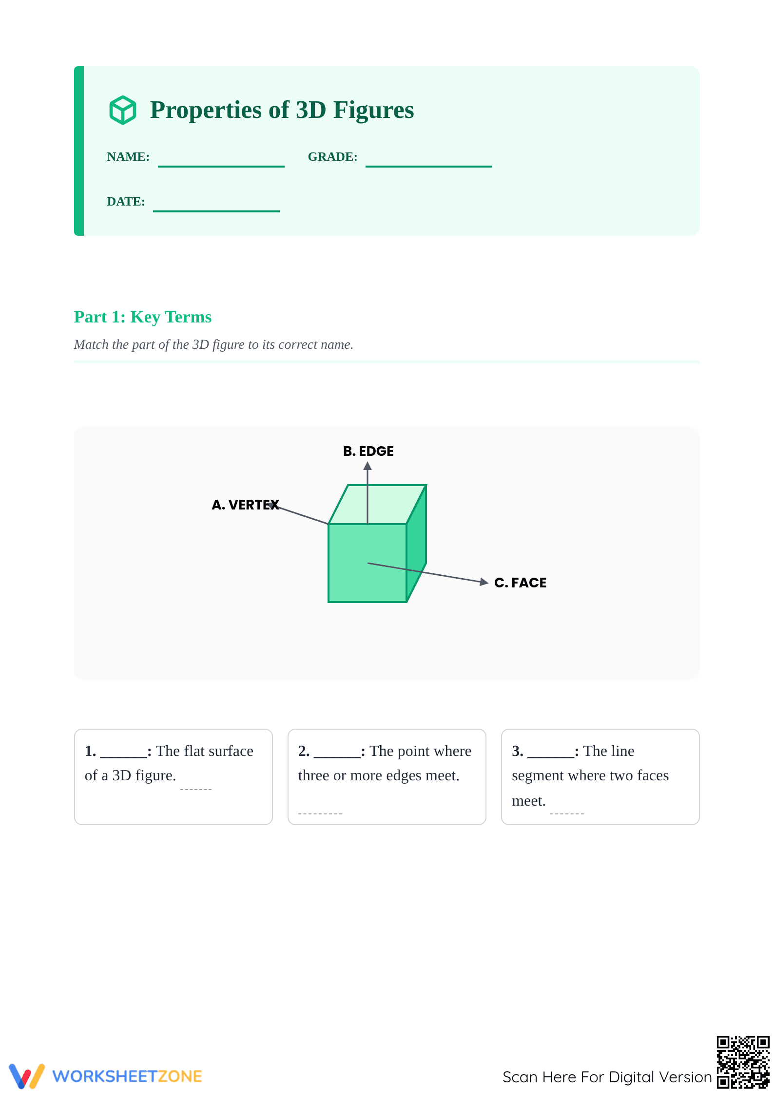 Essential 3D Figures Properties Worksheet | Grade 2 Math - Page 1