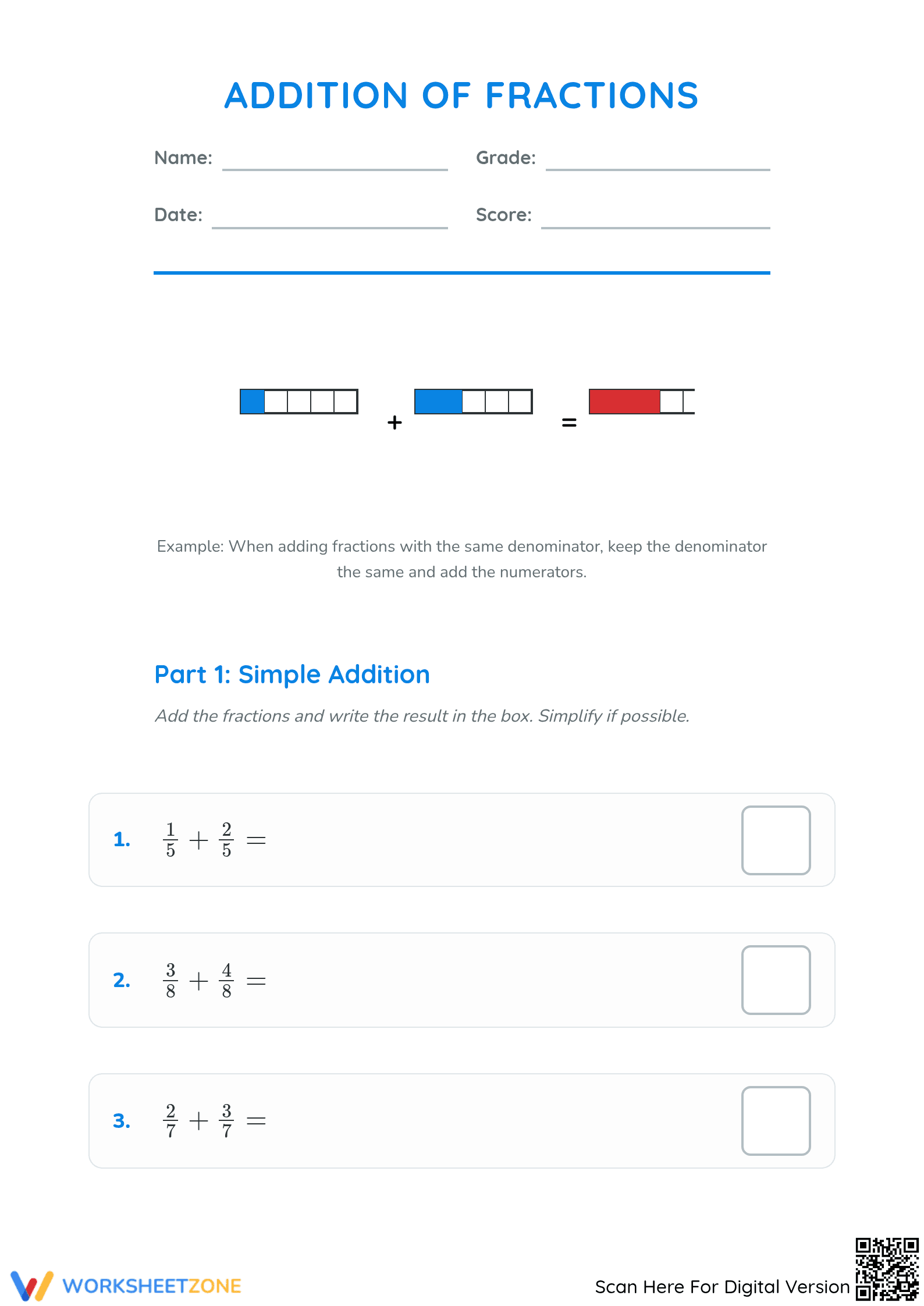 Complete Addition of Fractions Worksheet | Grade 4 Aligned - Page 1