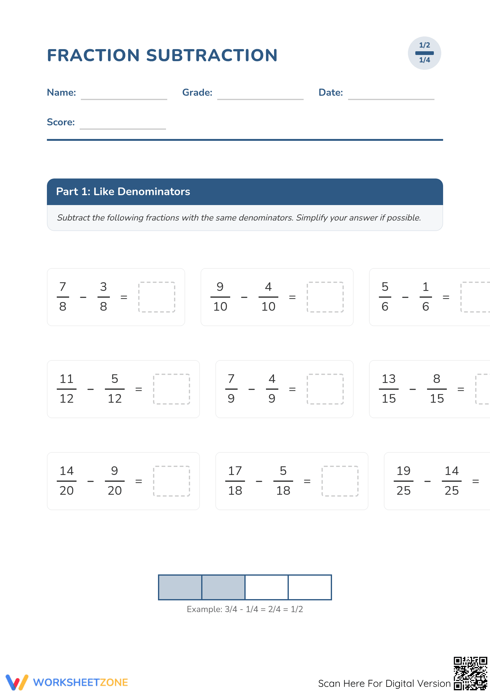 Grade 4 Fraction Subtraction — Printable No-Prep Worksheet - Page 1