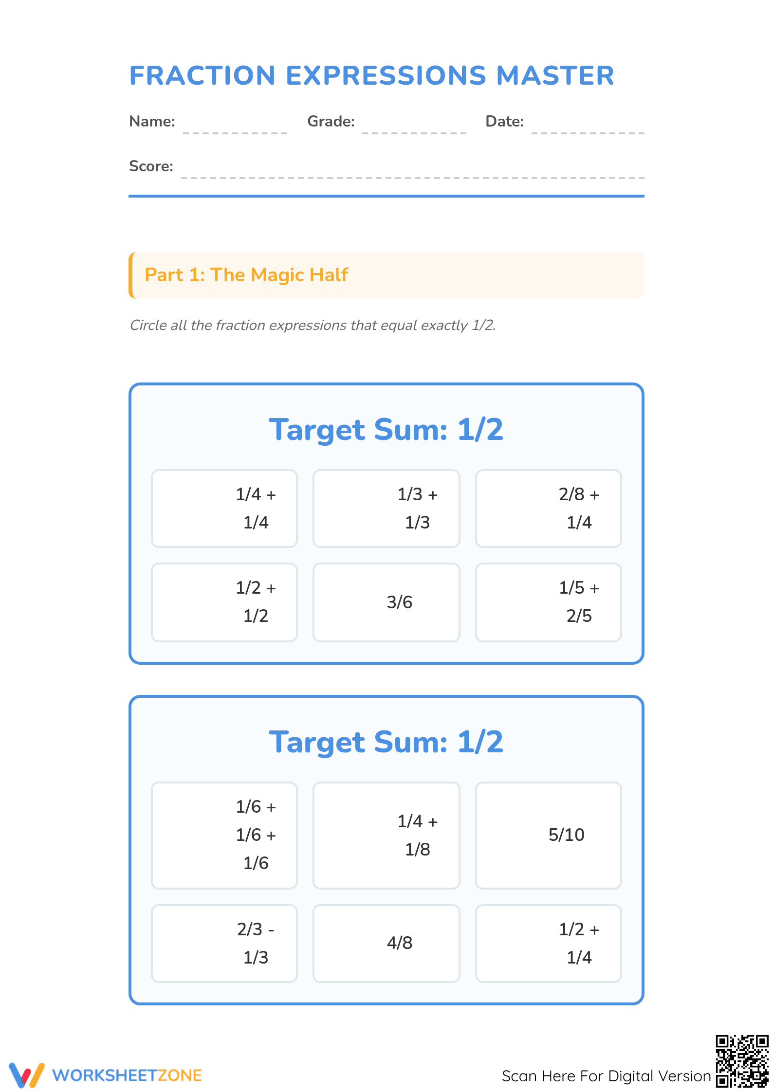 Essential Fractions: Target Sum Expressions | Grade 4-5 - Page 1