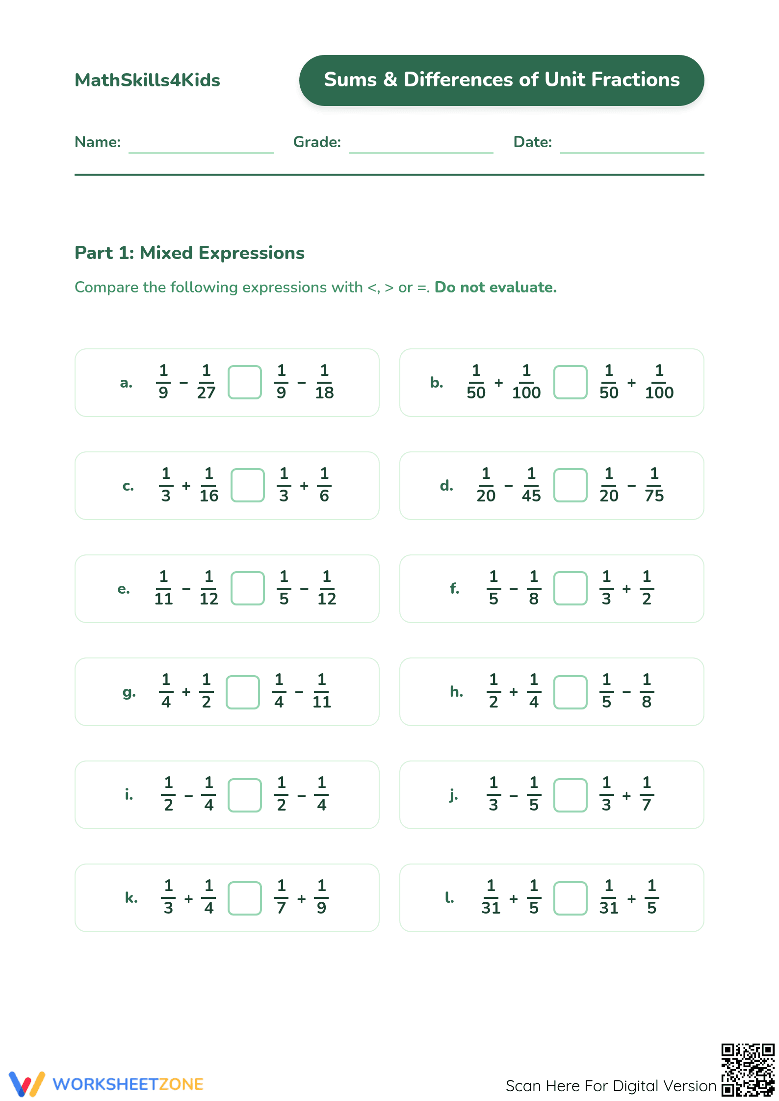 Printable Sums and Differences of Unit Fractions Worksheet - Page 1