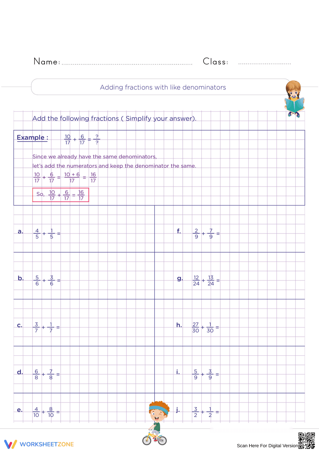 Adding Fractions With Like Denominators Practice Worksheet - Page 1