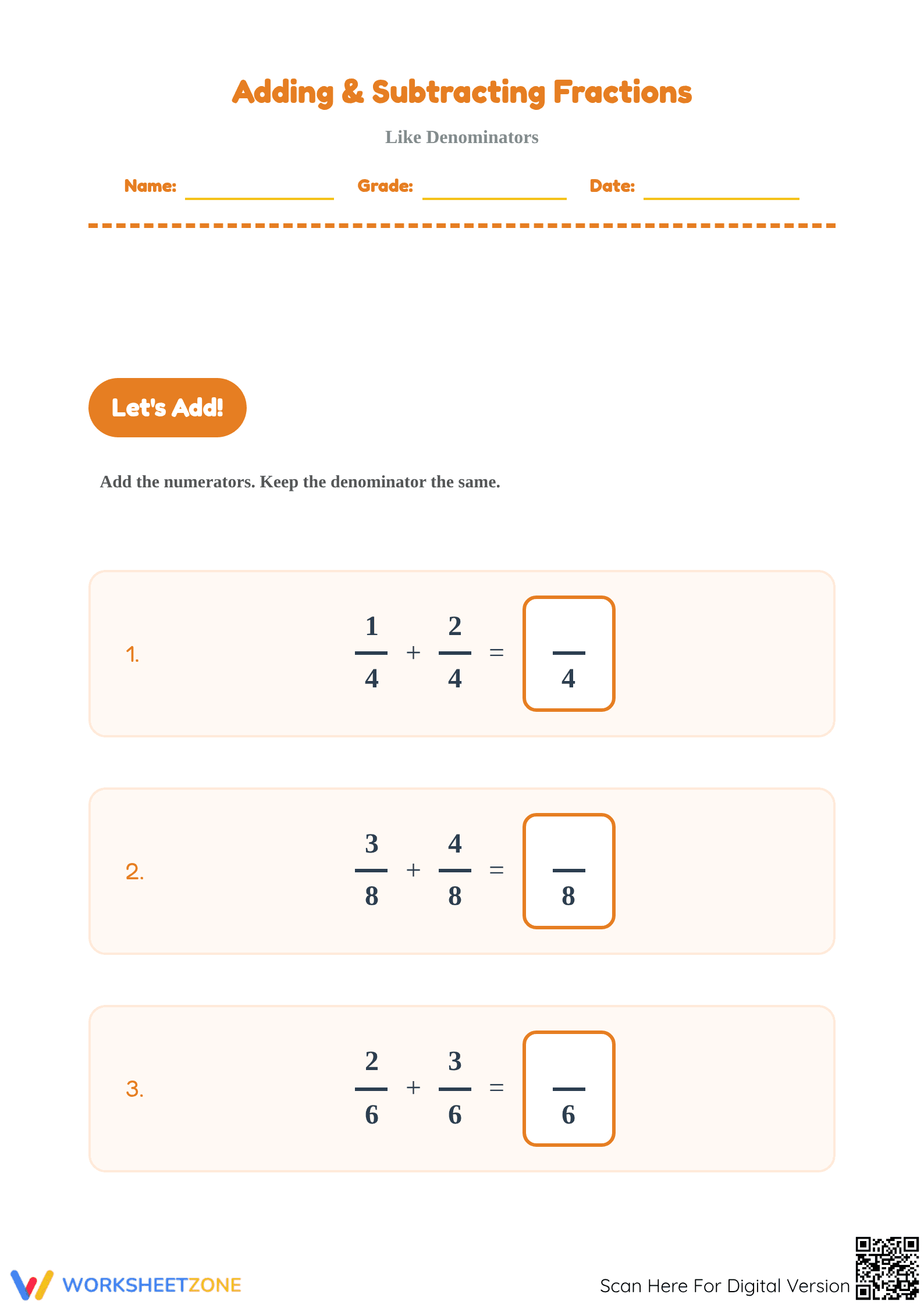 Essential Fractions: Add & Subtract Like Denominators - Page 1