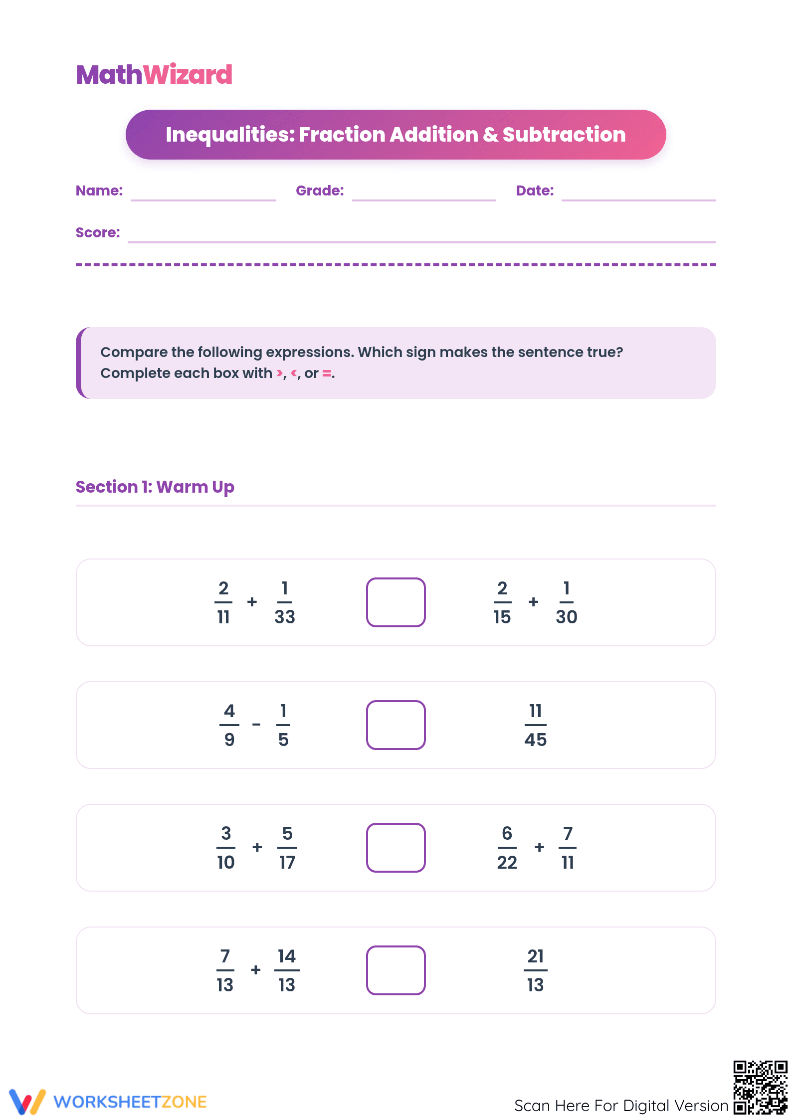 Printable Fractions Inequalities Worksheet | Grade 5 Math - Page 1