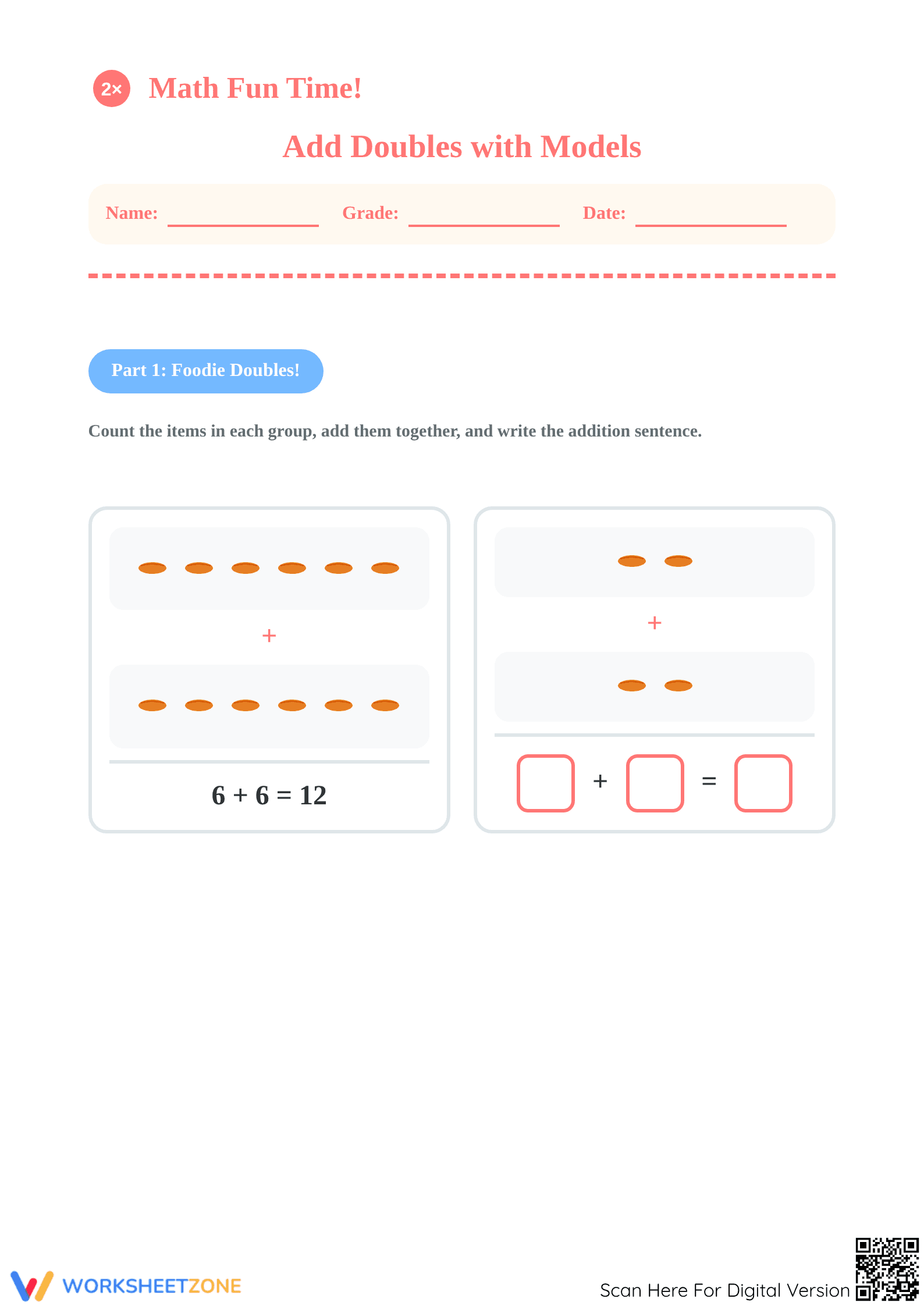 Grade 1 Add Doubles with Models — Printable Worksheet - Page 1