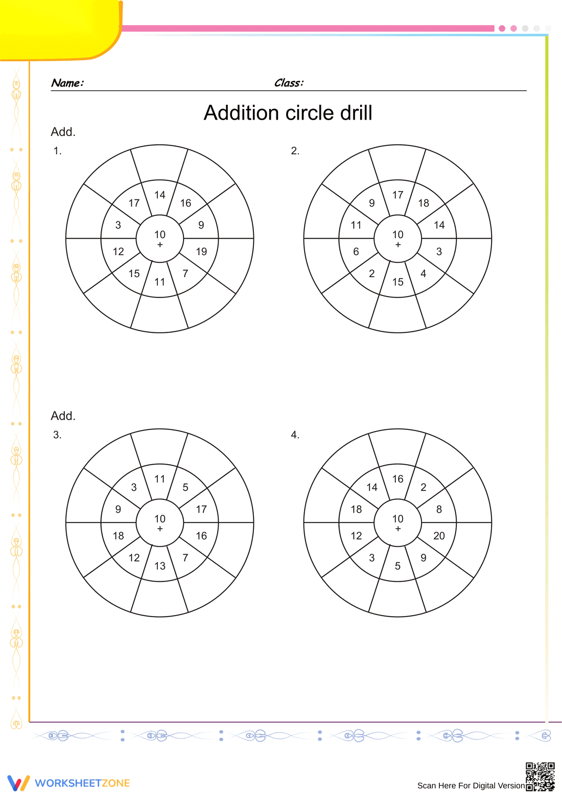 Addition Circle Drill Practice Worksheet - Page 1