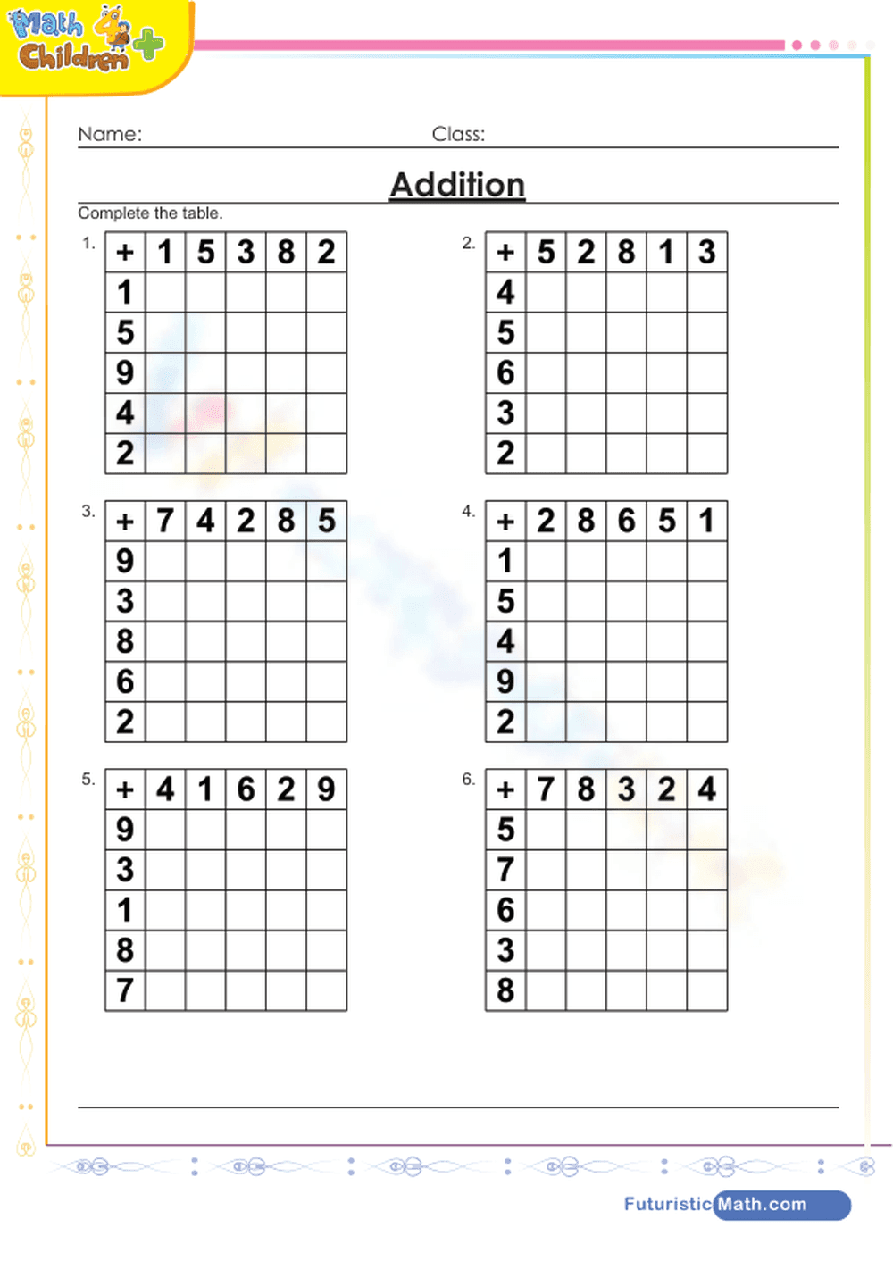 Addition Table Drill Practice Sheet - Page 1
