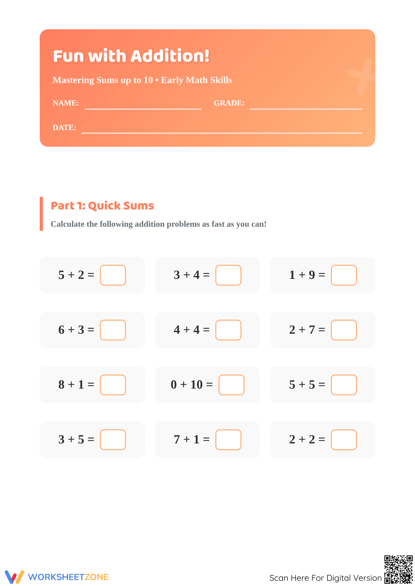 Grade 1 Addition — Printable No-Prep Worksheet - Page 1