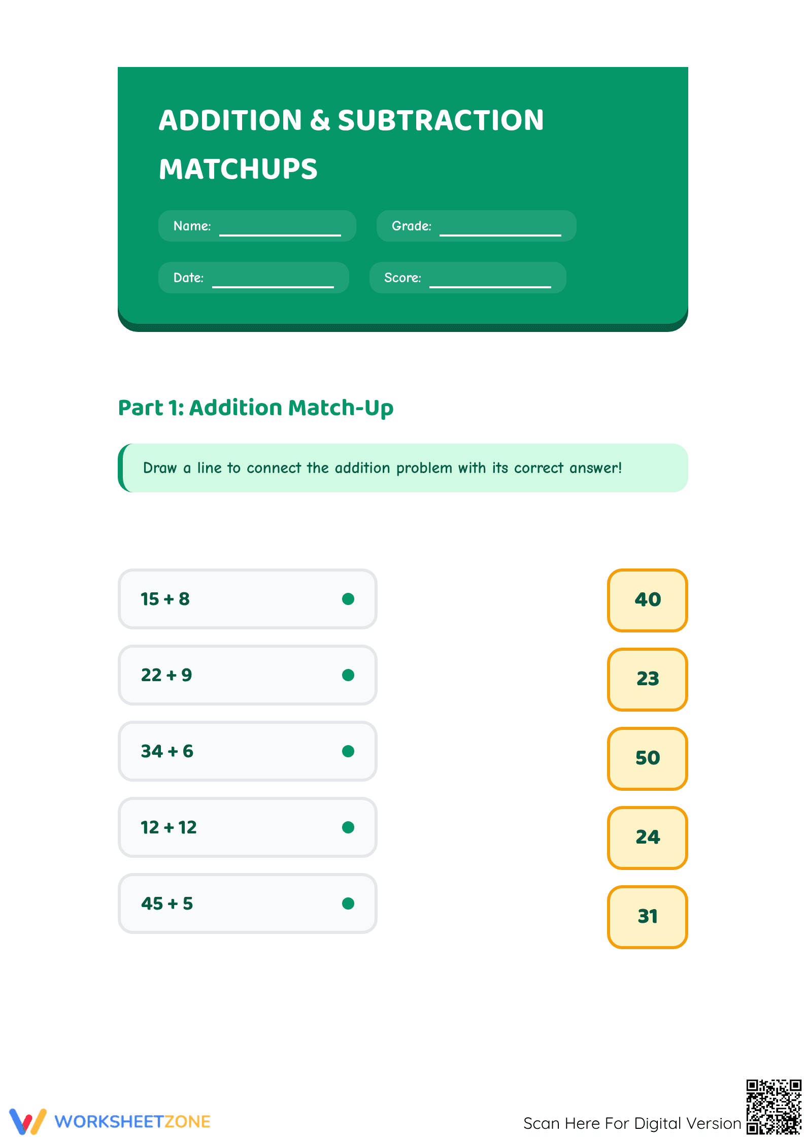 Grade 2 Addition & Subtraction — Printable No-Prep Worksheet - Page 1