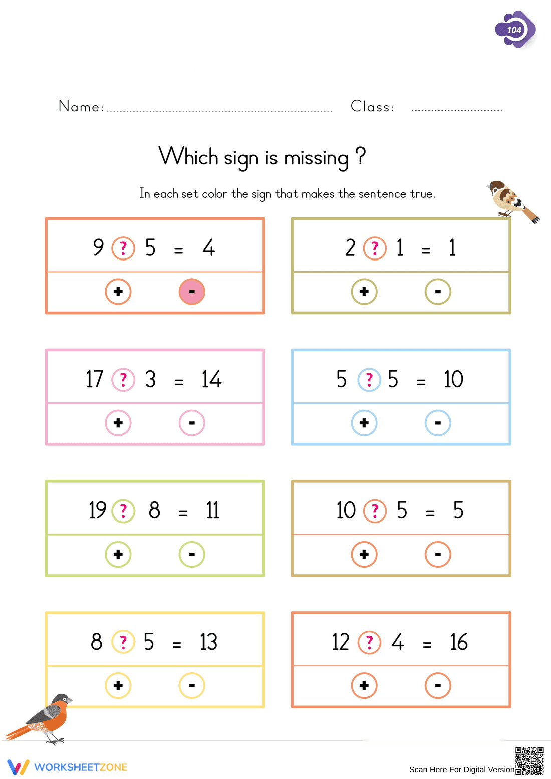 Missing Operation Signs: Grade 1 Printable Math Worksheet - Page 1