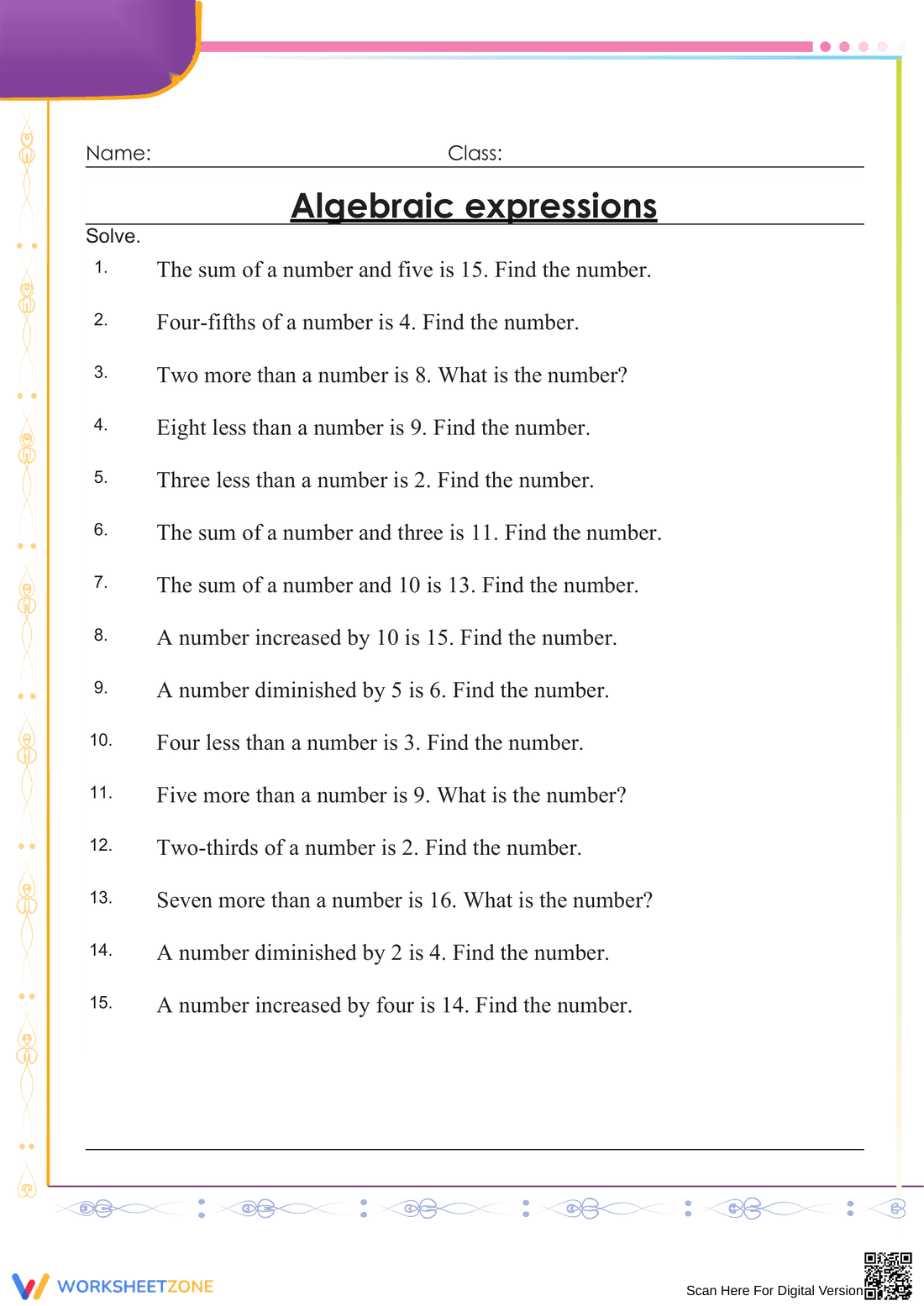 Algebraic Expressions Worksheet Practice - Page 1