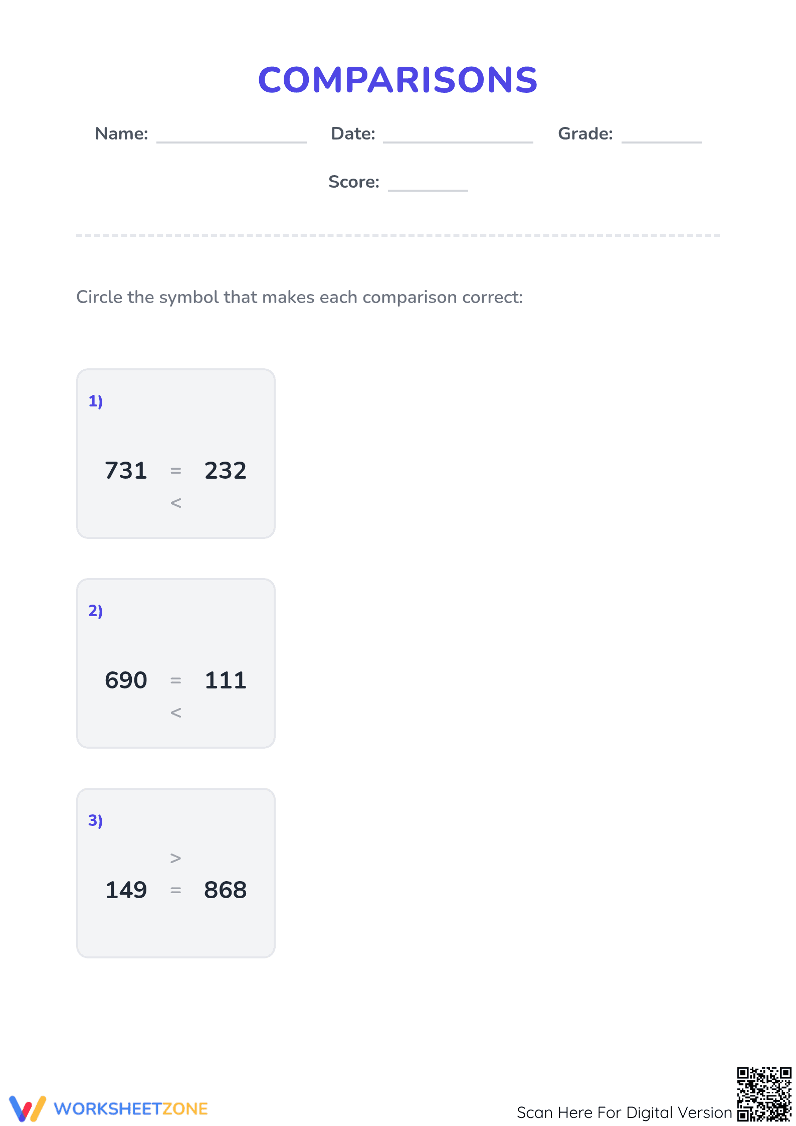 Essential Comparing Numbers Worksheet | Grade 2 Math - Page 1