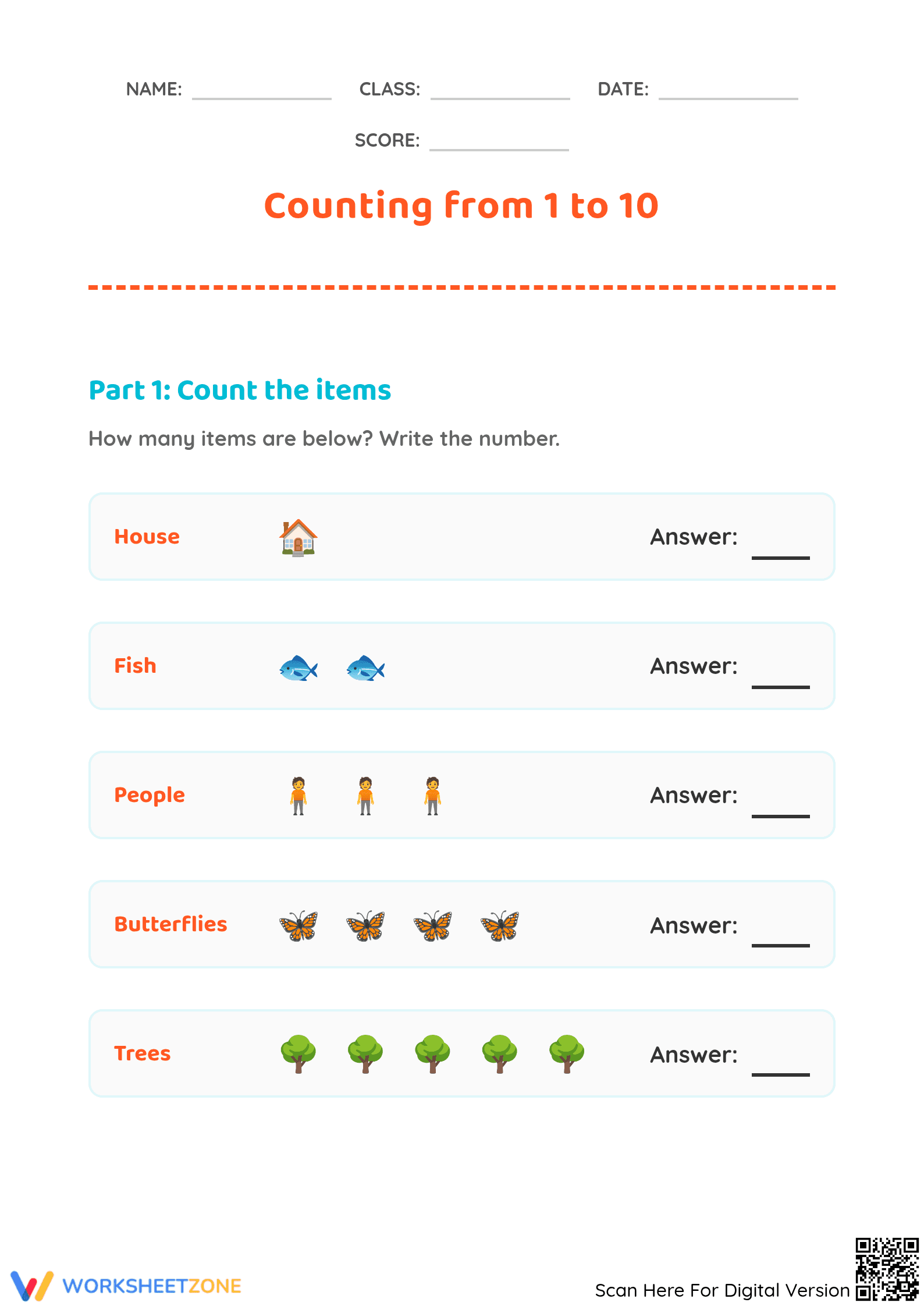 Printable Counting 1-10 Worksheet | Grade K Math - Page 1