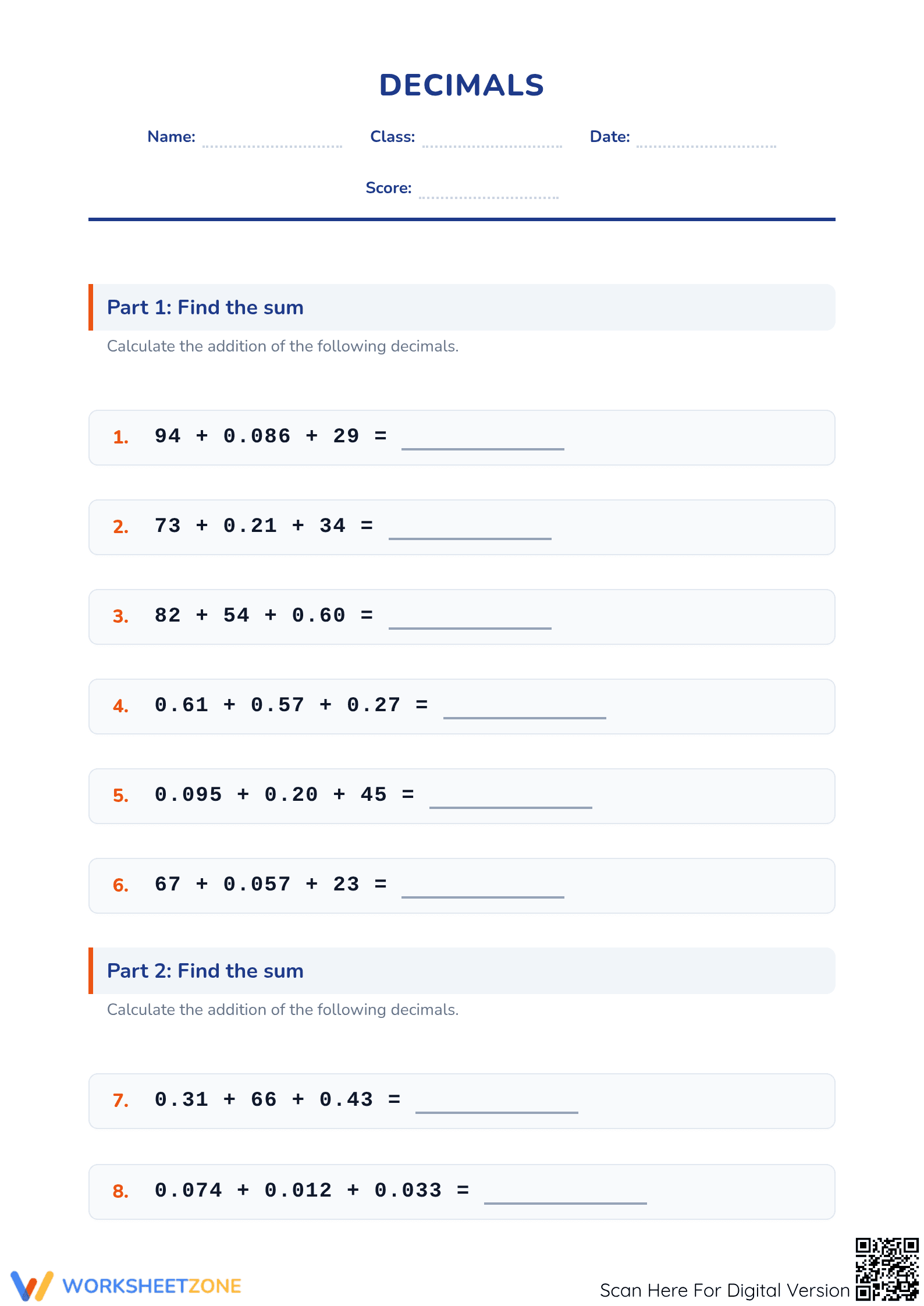 Printable Adding Decimals Worksheet | Grade 5 Math - Page 1