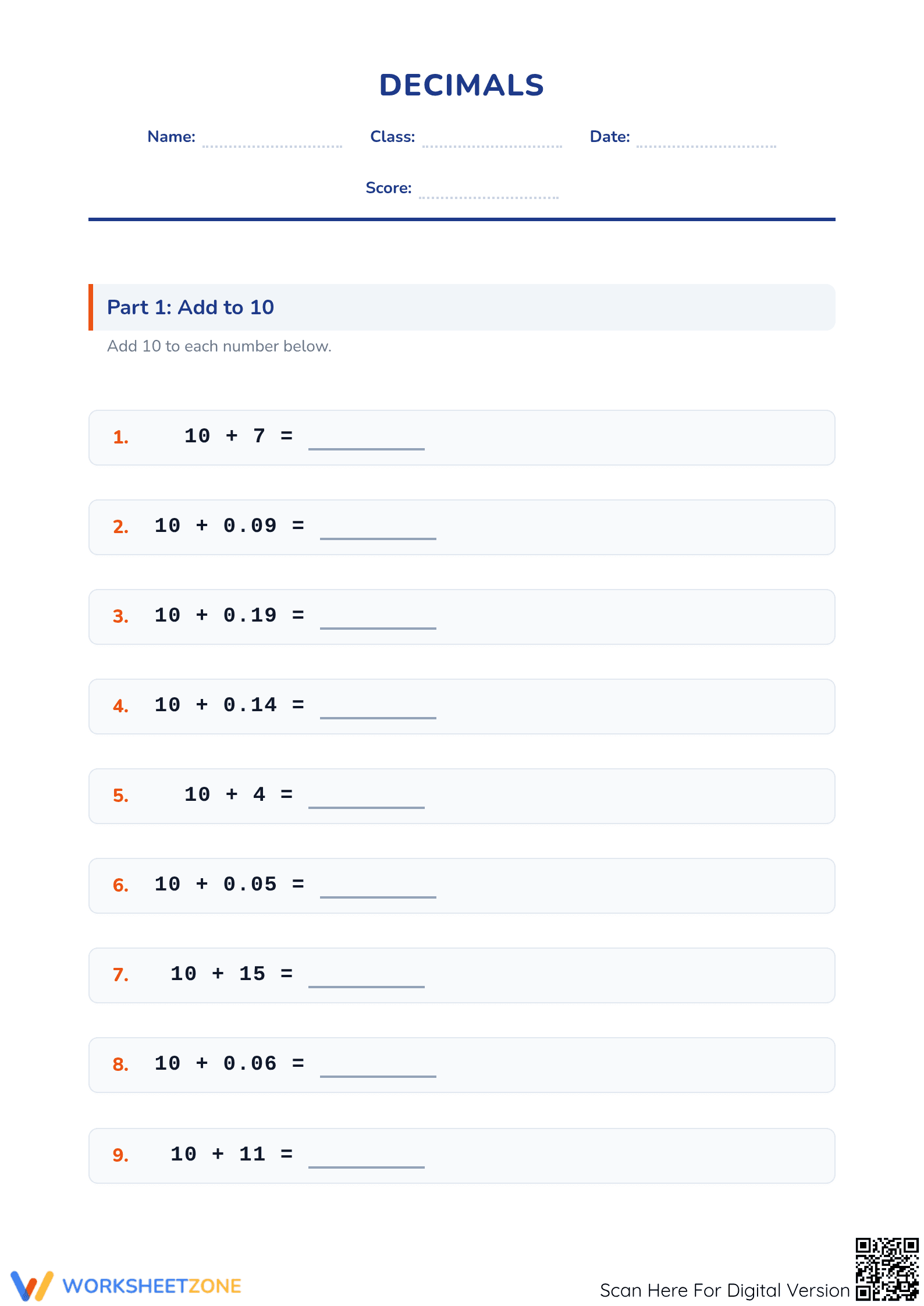Grade 5 Addition of Decimals — Printable No-Prep Worksheet - Page 1