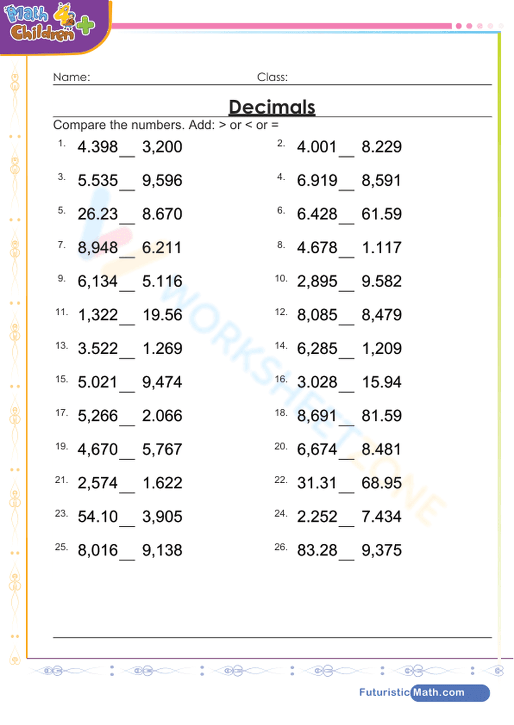 Printable Comparing Decimals Worksheet | Grade 5 Math - Page 1