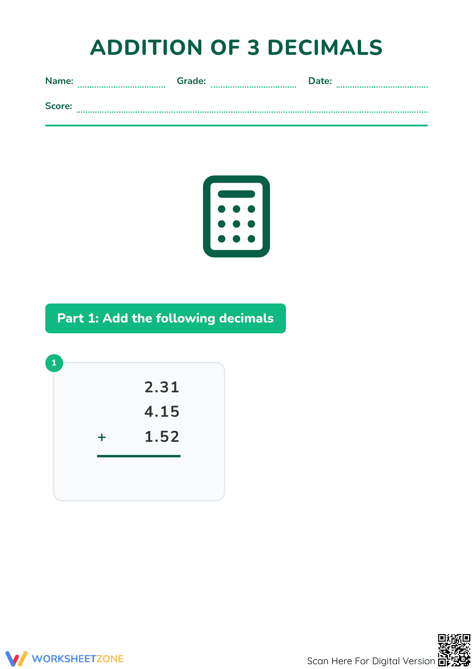 Grade 5 Adding Decimals — Essential No-Prep Worksheet - Page 1
