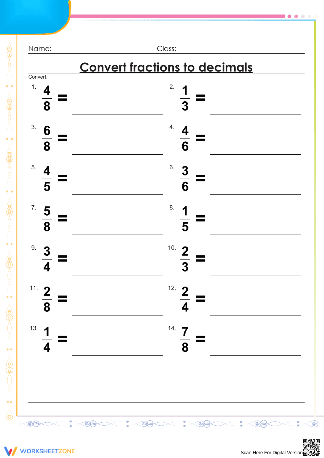 Printable Fraction to Decimal Worksheet | Grade 4 Math - Page 1