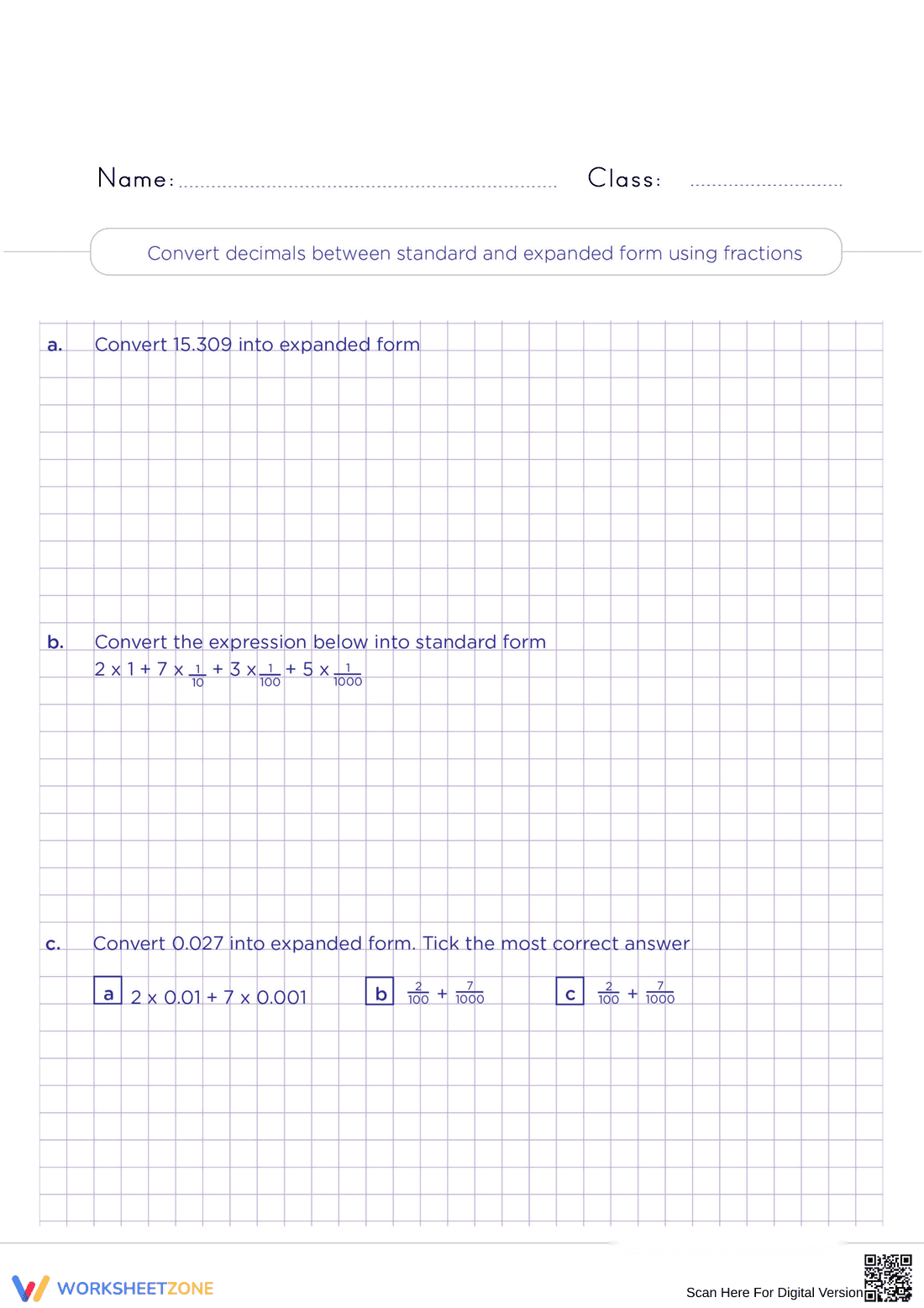Converting Decimals To Expanded Form Using Fractions Worksheet - Page 1