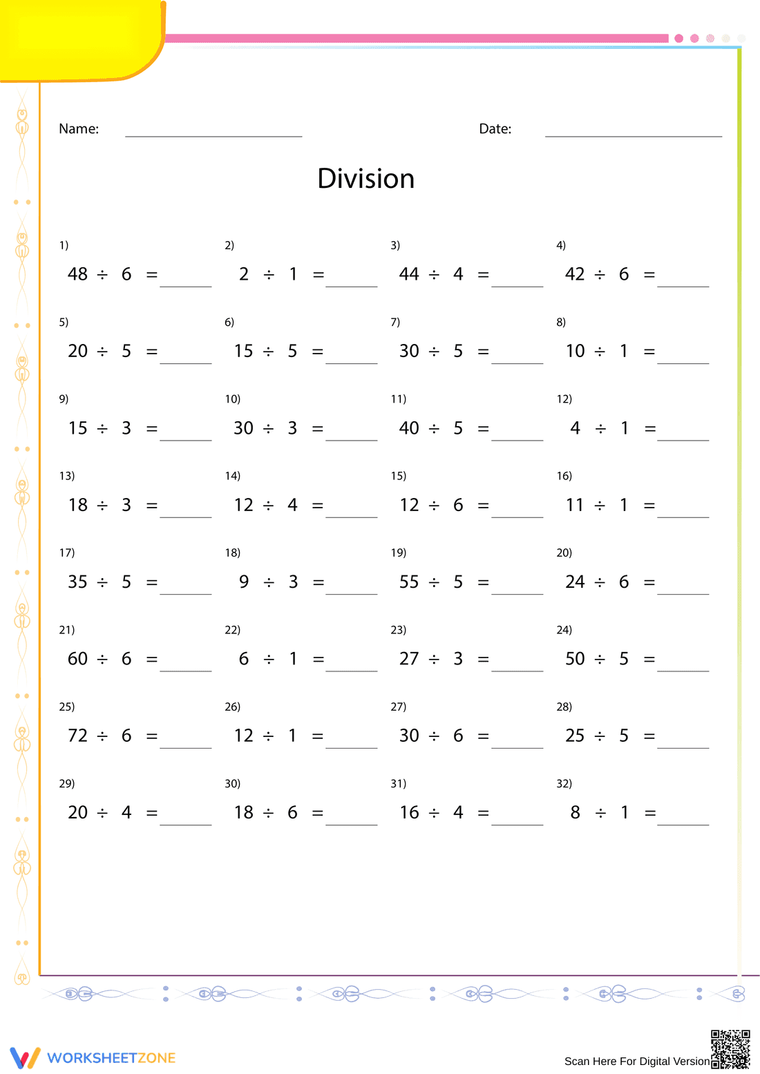 Basic Division Facts Practice Worksheet - Page 1