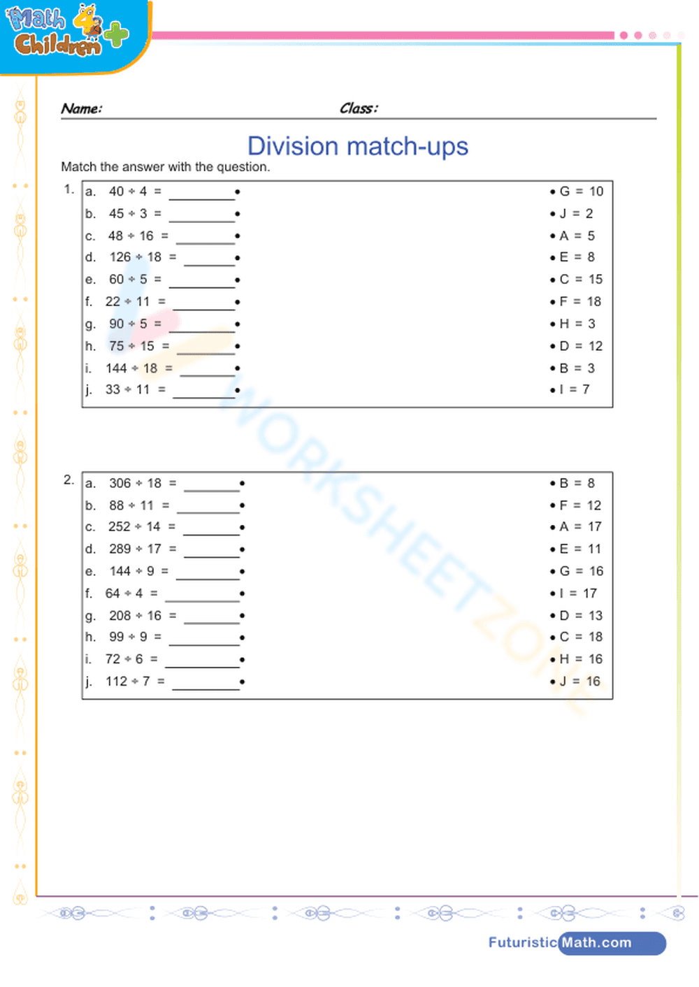 Grade 5 Division — Printable No-Prep Worksheet - Page 1