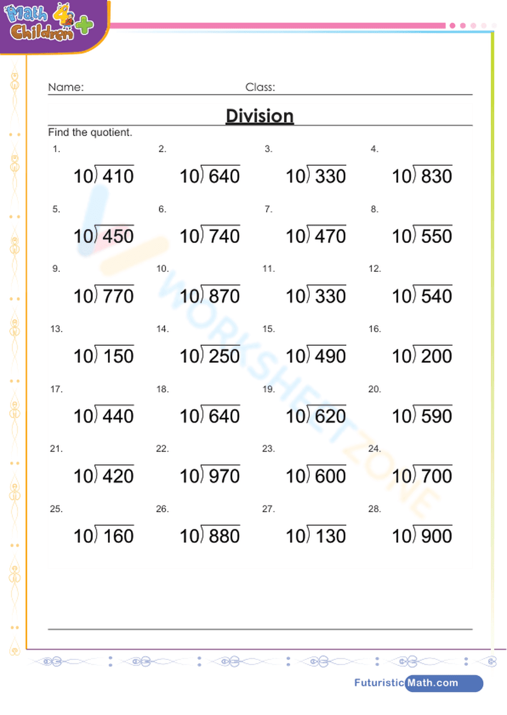 Grade 4 Division — Printable No-Prep Worksheet - Page 1