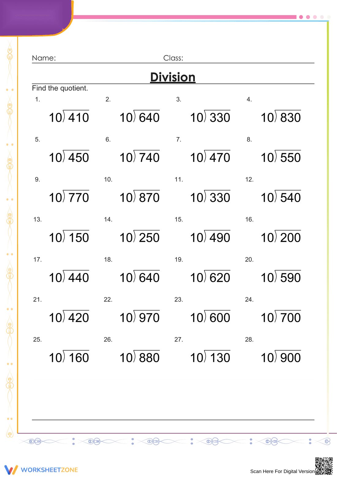 Grade 4 Division — Printable No-Prep Worksheet - Page 1