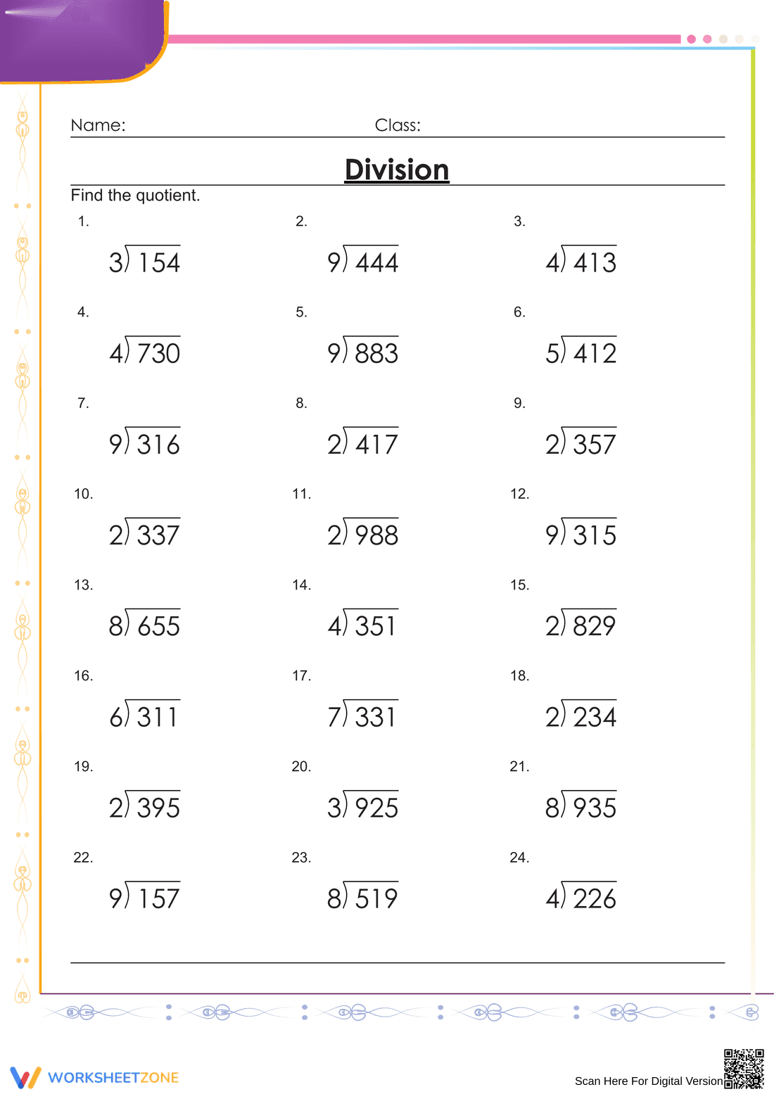 Grade 4 Division — Printable No-Prep Worksheet - Page 1