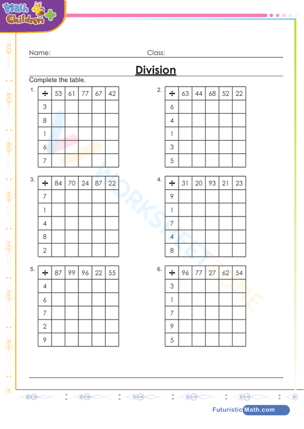 Grade 3 Division — Printable No-Prep Worksheet - Page 1