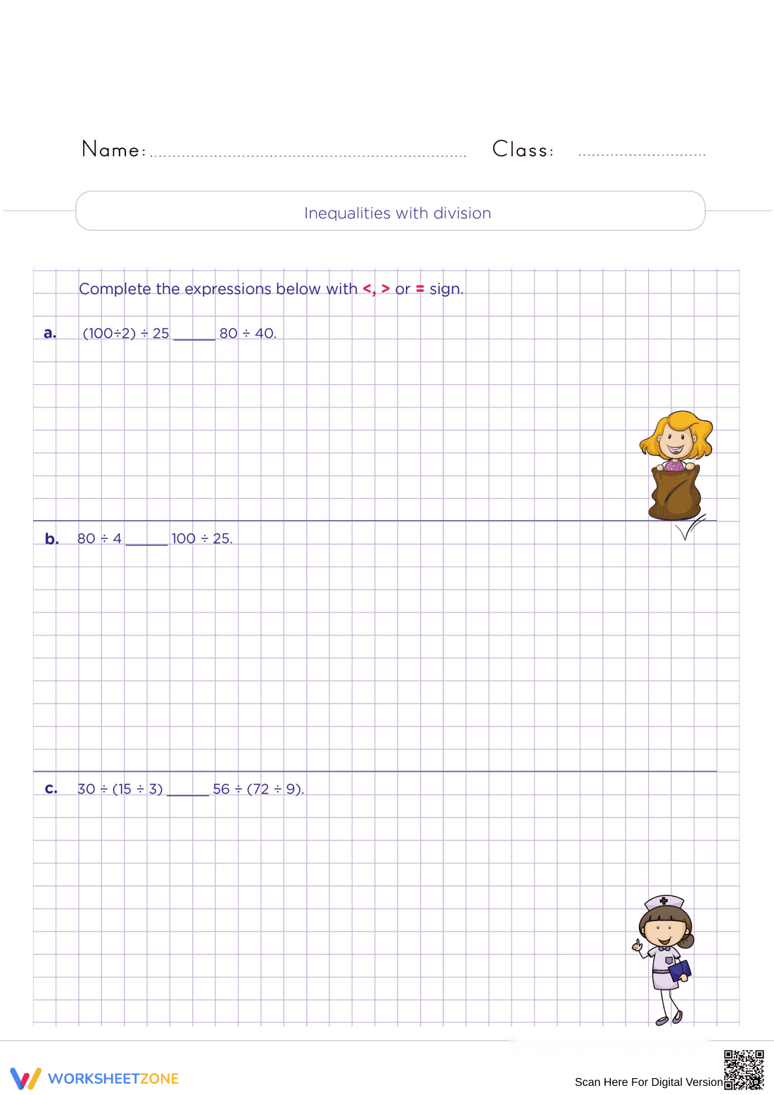Grade 5 Division Inequalities — Printable No-Prep Worksheet - Page 1