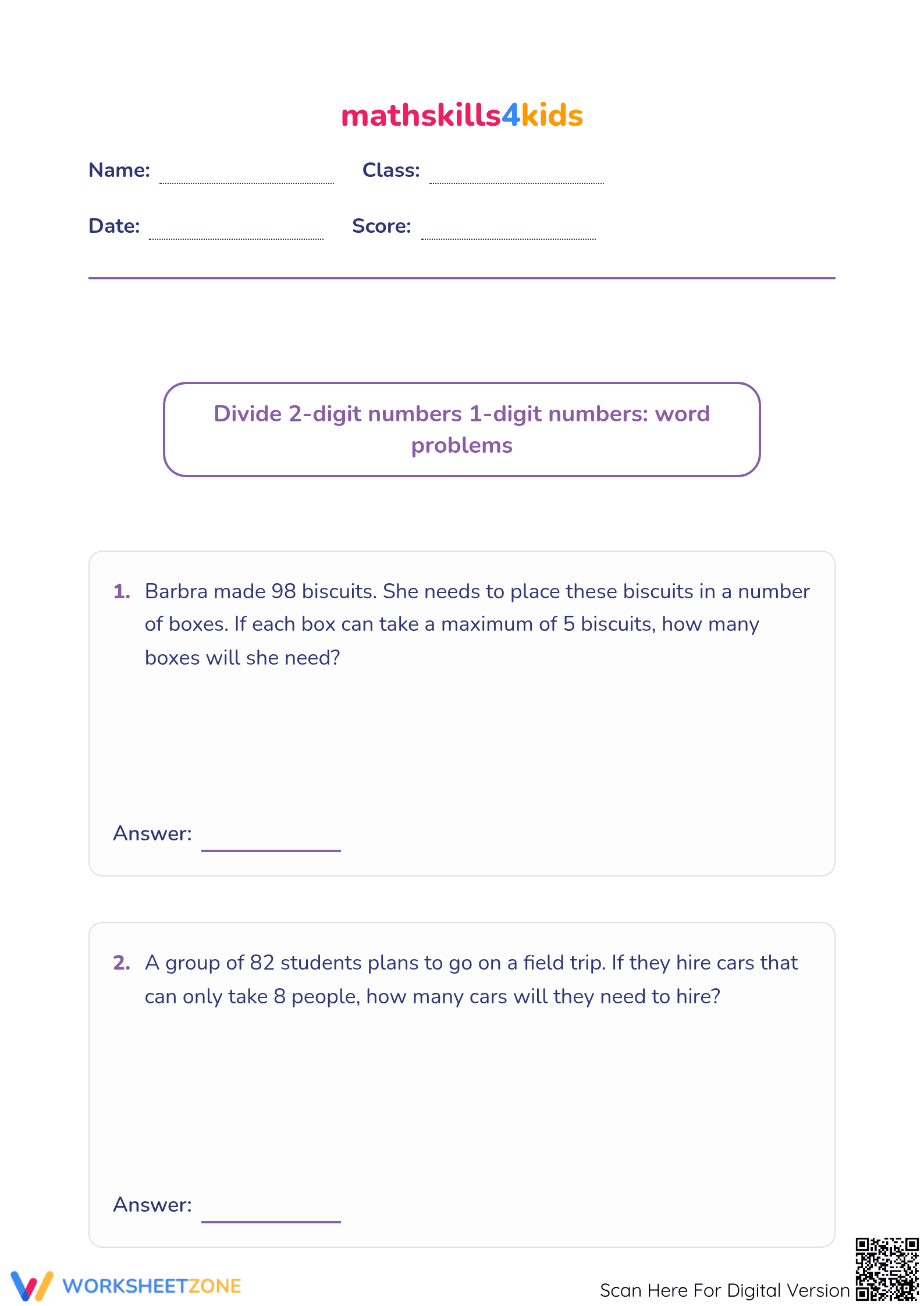 Printable 2-Digit Division Worksheet | Grade 4 Math - Page 1
