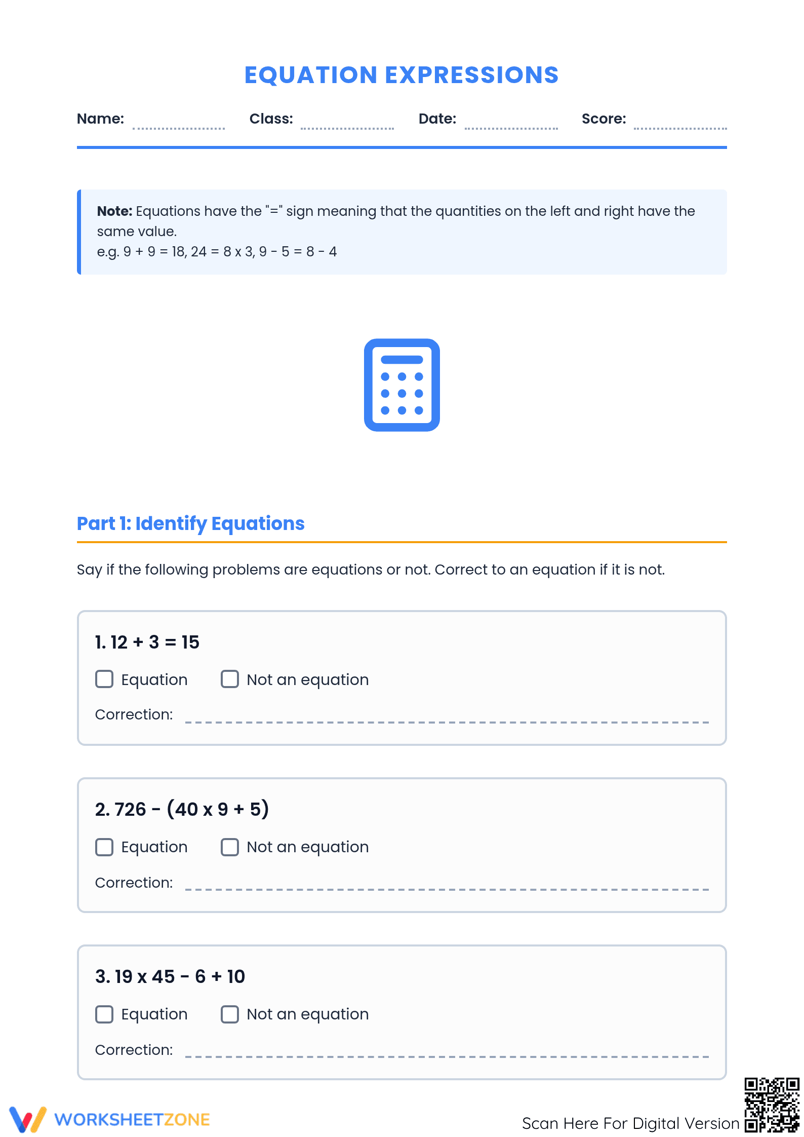 Printable Expressions vs. Equations Worksheet | Grade 6 Math - Page 1