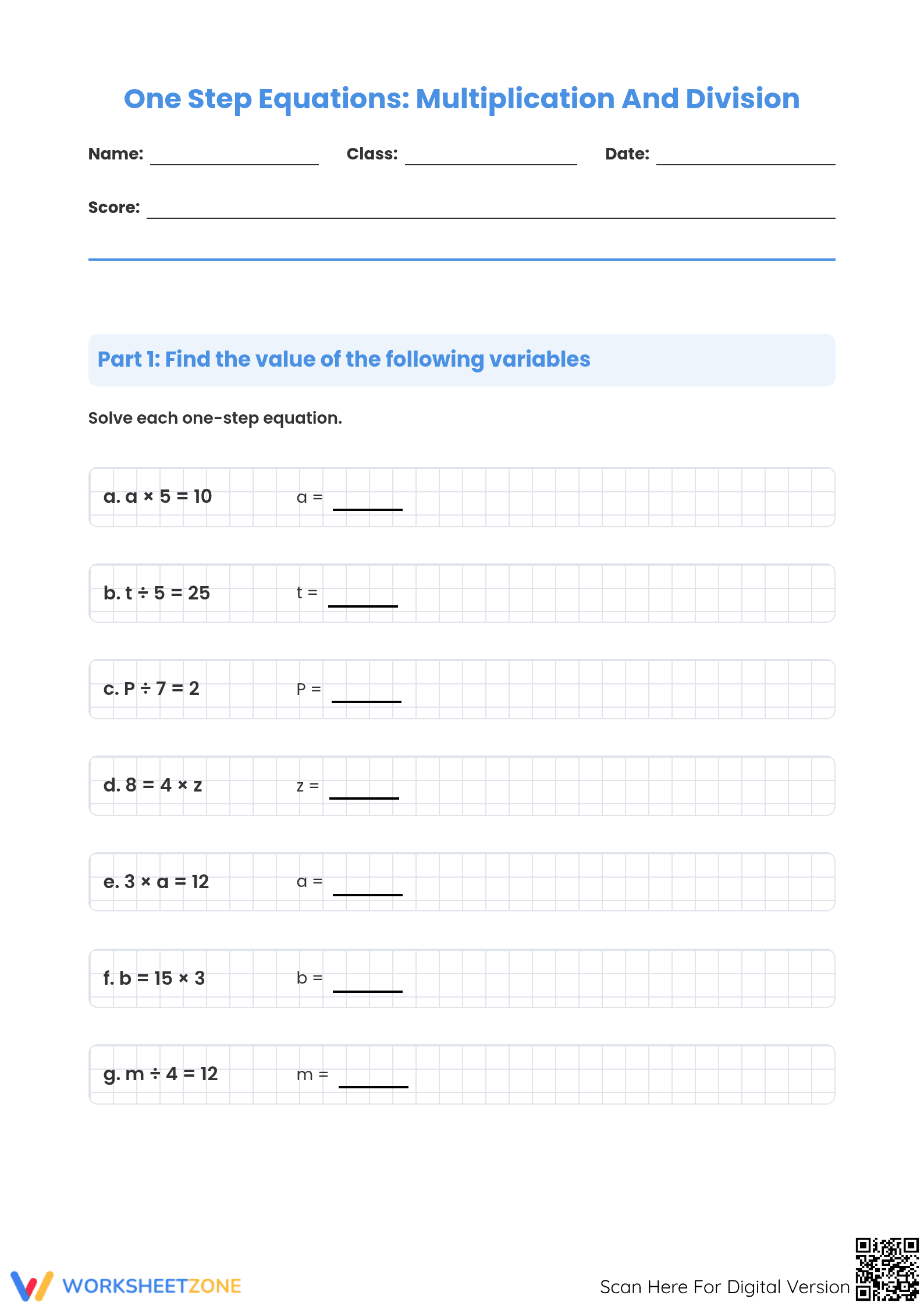 Grade 6 One-Step Equations — Printable No-Prep Worksheet - Page 1