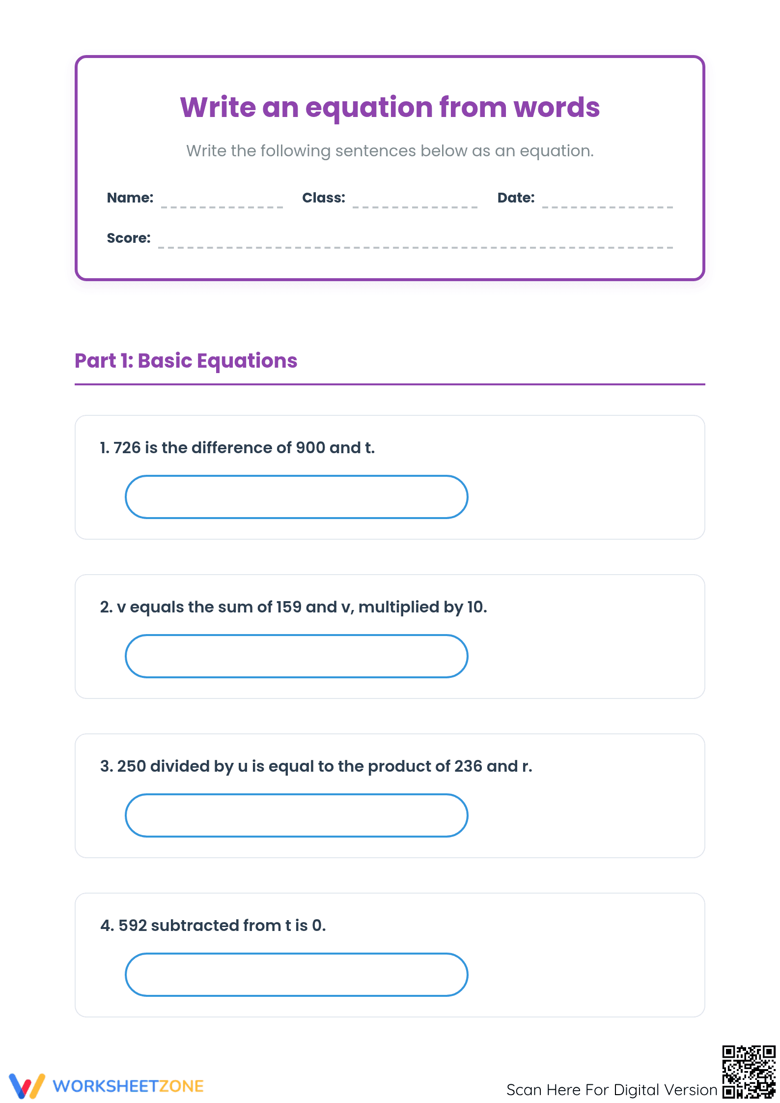 Essential Equation from Words Worksheet | Grade 7 Math - Page 1