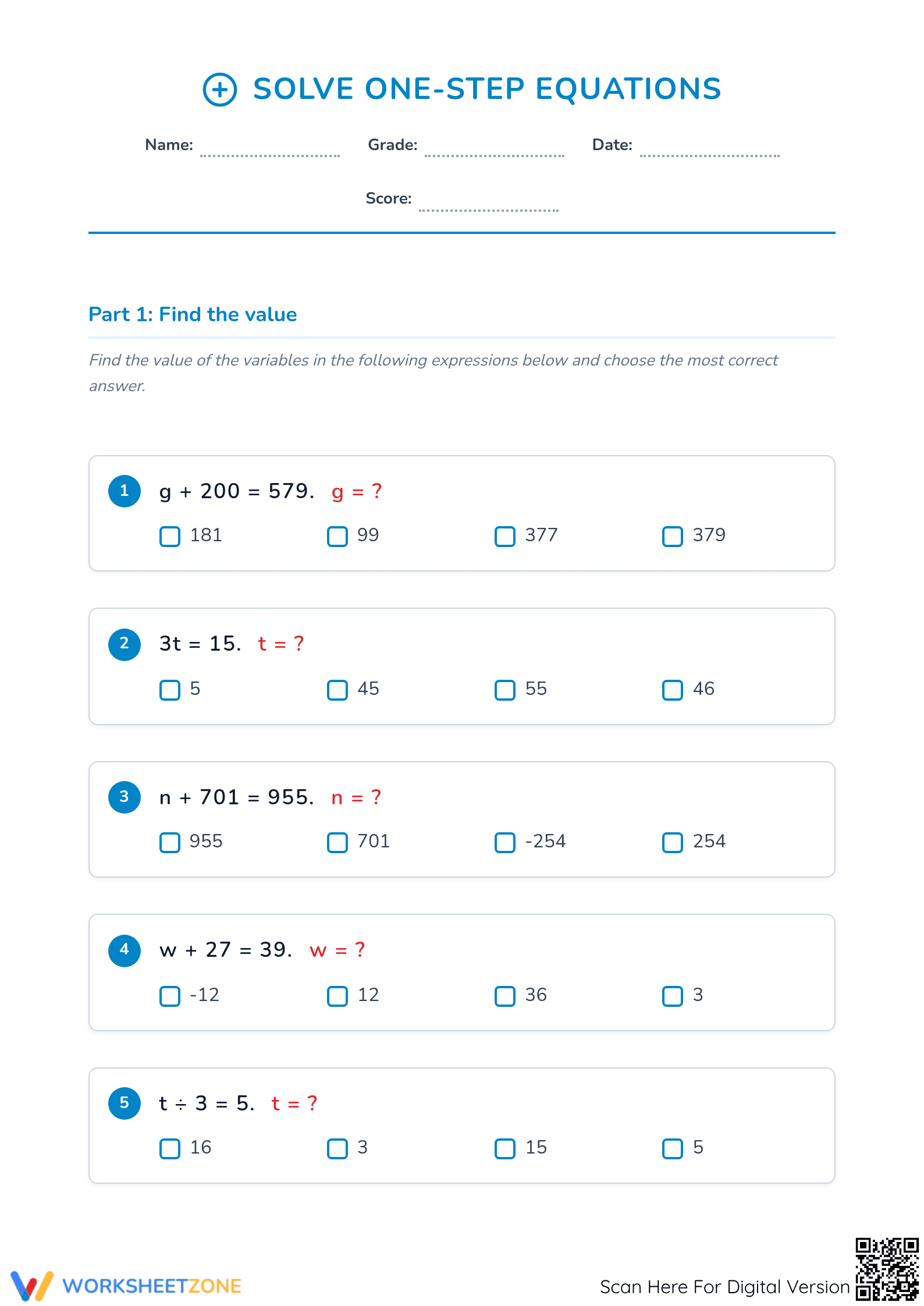 One-Step Equations Printable Worksheet | Grade 6 Math - Page 1